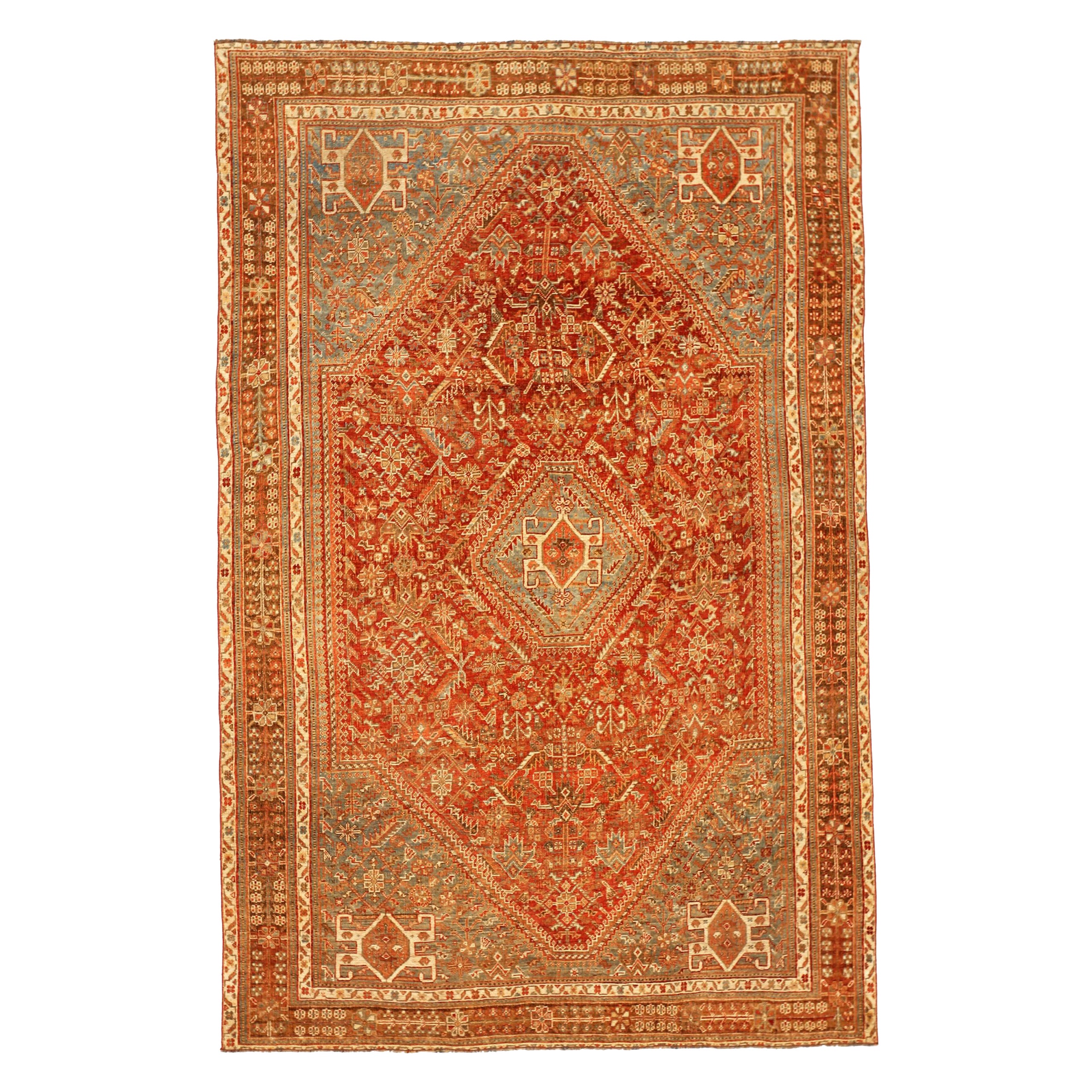 Alfombra Persa Shiraz Small - Lana Azul Marfil Rojo Design - 92708