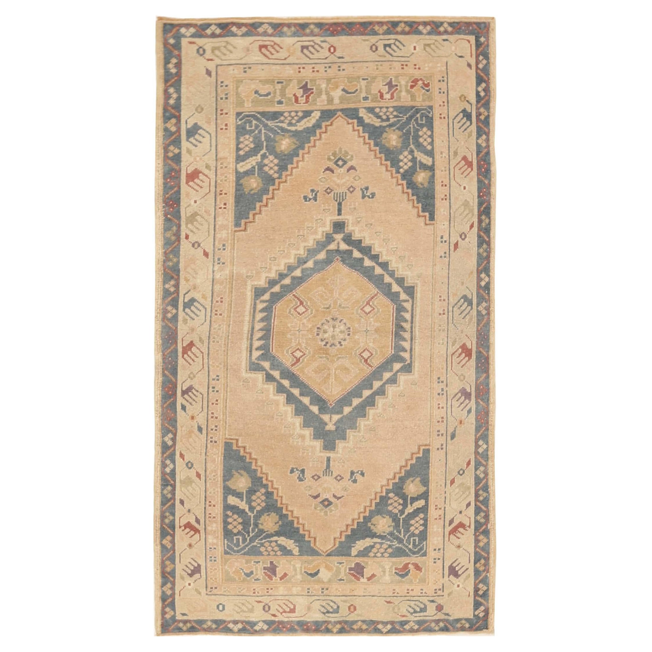 Türkischer Anatoly Kleiner Teppich - Wolle Elfenbein Marineblau Design - 92802