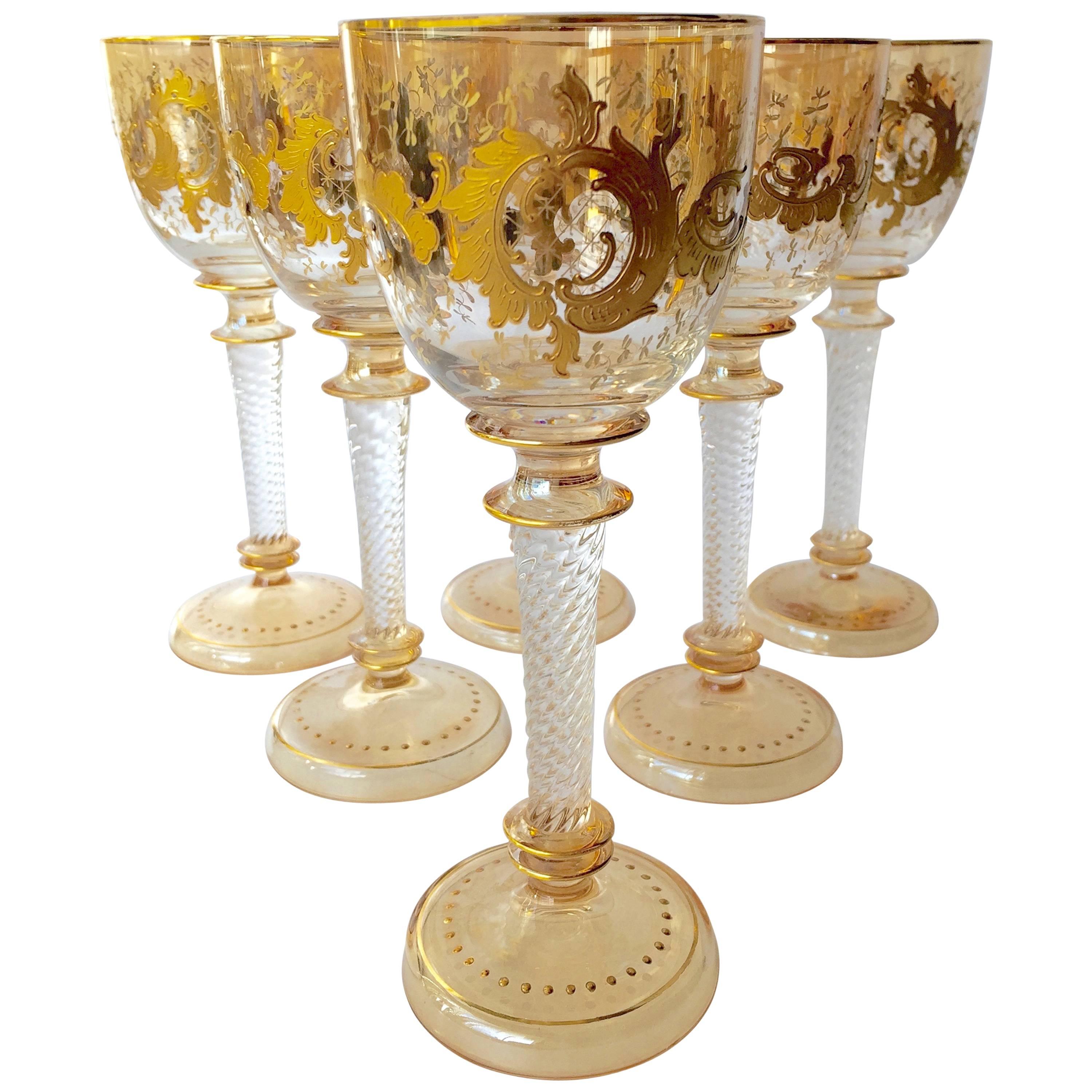 Antique Moser Glass Two-Color Raised Paste Gilt Wines Stems, circa 1900 For Sale