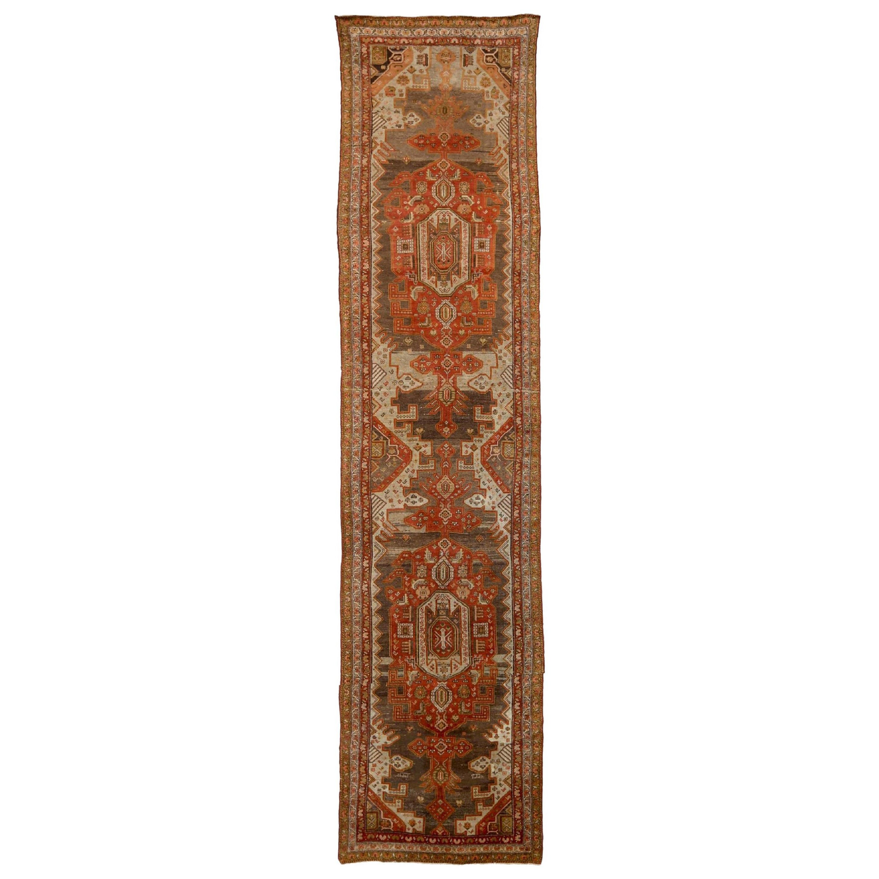 Persischer Malayer Läufer Teppich - Wolle Braun Elfenbein Rot Design - 88771