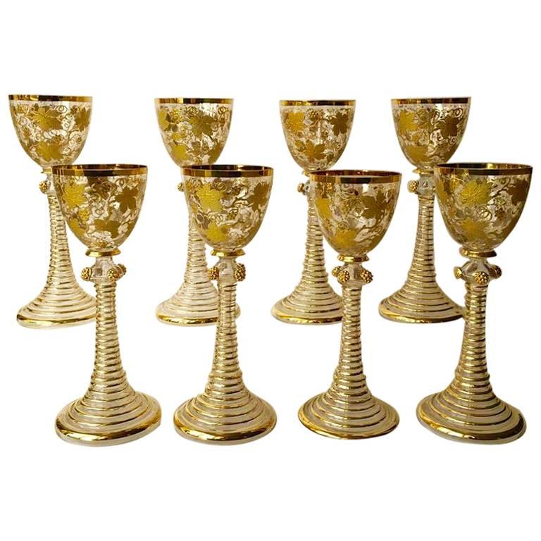 Antique Moser Glass Wine Stems Heavy Raised Gold Vintage Pattern, circa 1900 For Sale