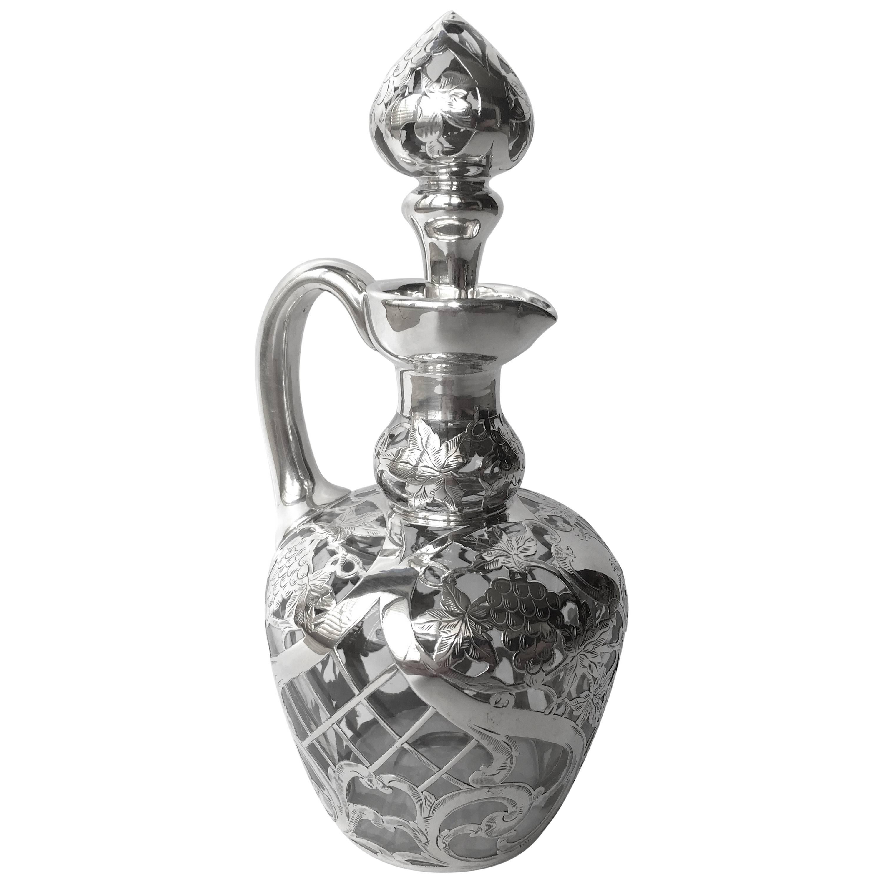Antique Steuben Art Nouveau Sterling Silver Overlay Decanter, circa 1900 For Sale