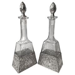 Antique Sheffield England Sterling and Etched Glass Decanters, circa 1900 Antique Sheffield England Sterling and Etched Glass Decanters, circa 1900