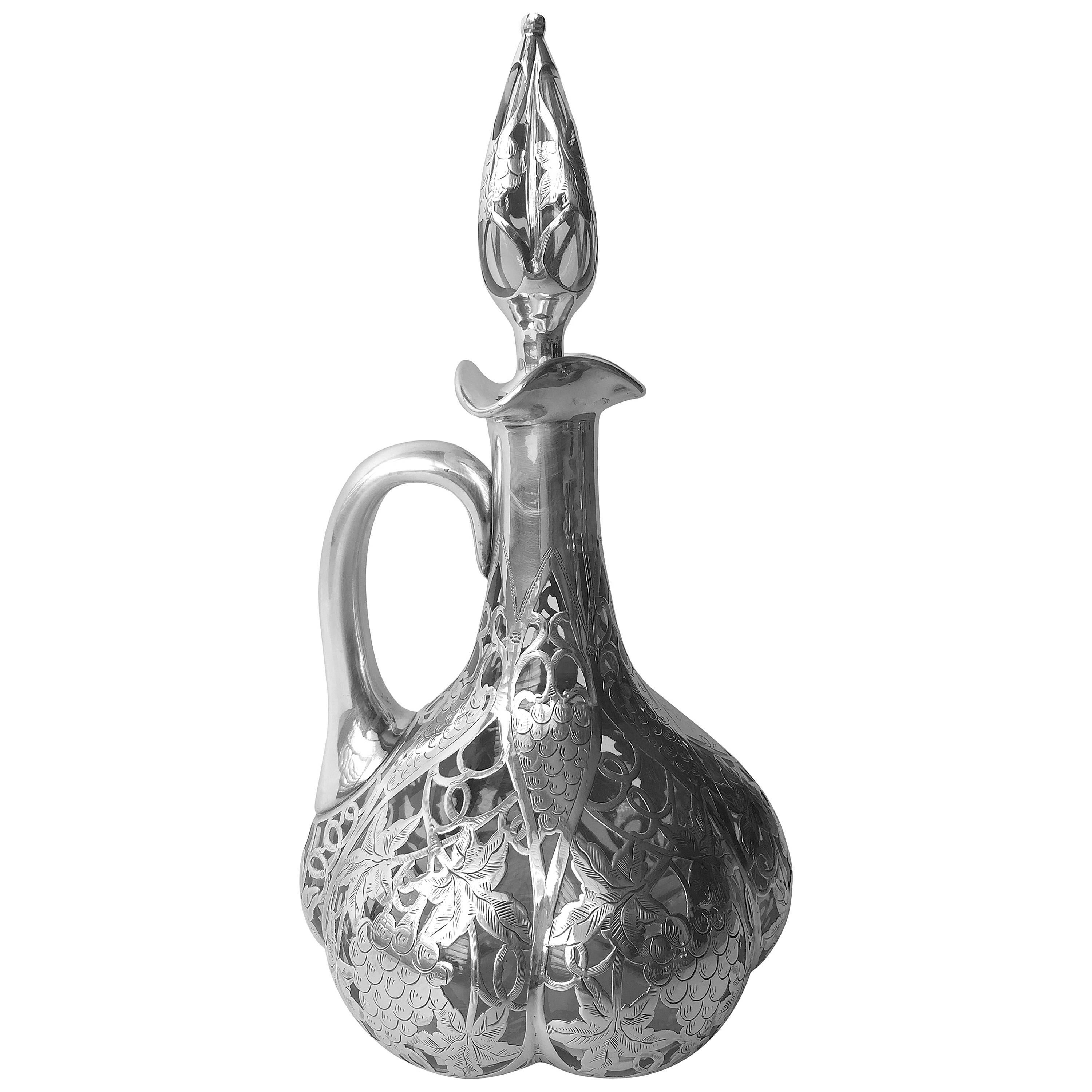 Steuben Glass Sterling Silver Overlay Decanter Blown Out Shape, circa 1900 For Sale
