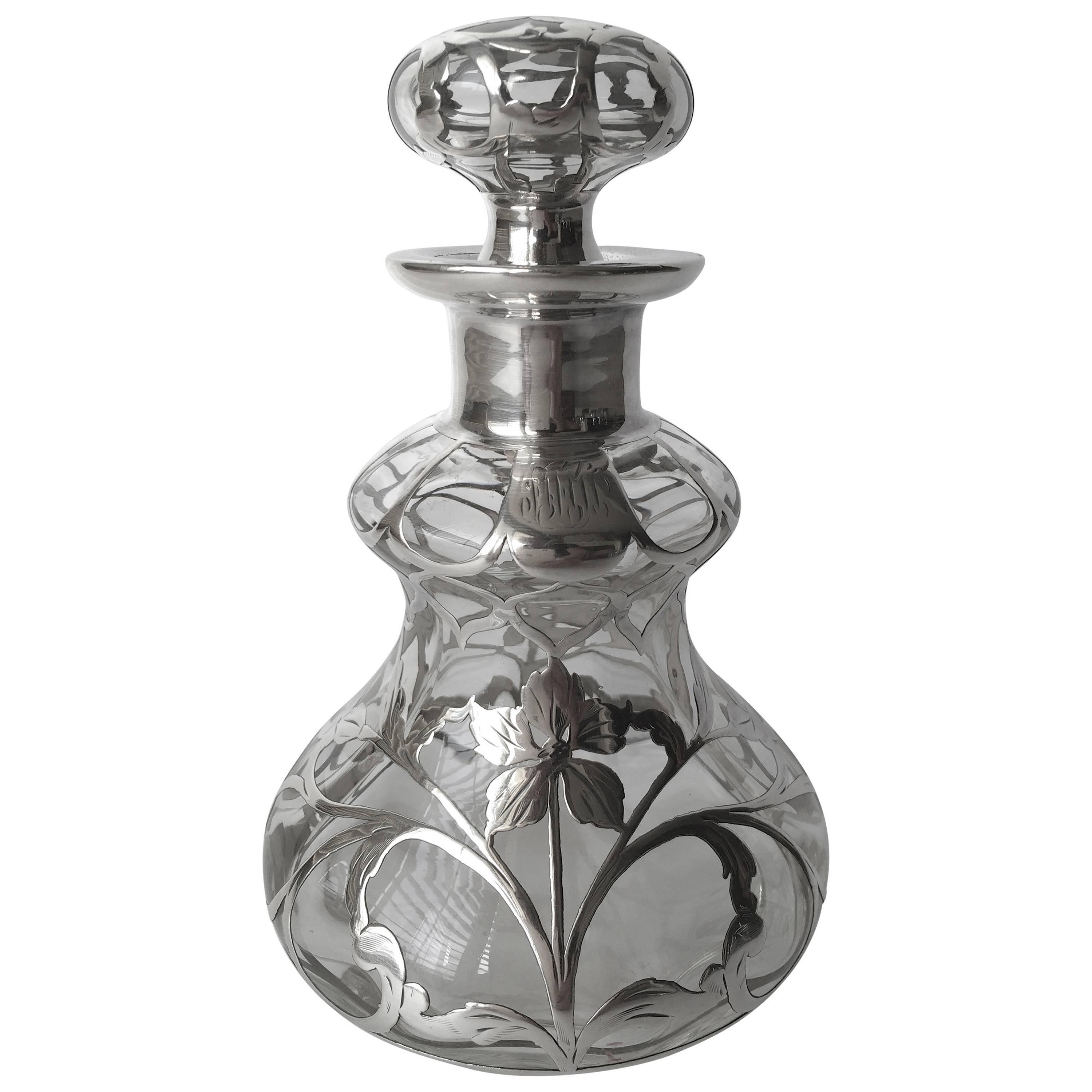 Antique American Sterling Silver Overlay Perfume Bottle Art Nouveau, circa 1900 For Sale