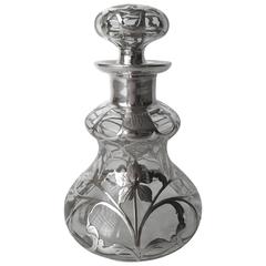 Antique American Sterling Silver Overlay Perfume Bottle Art Nouveau, circa 1900