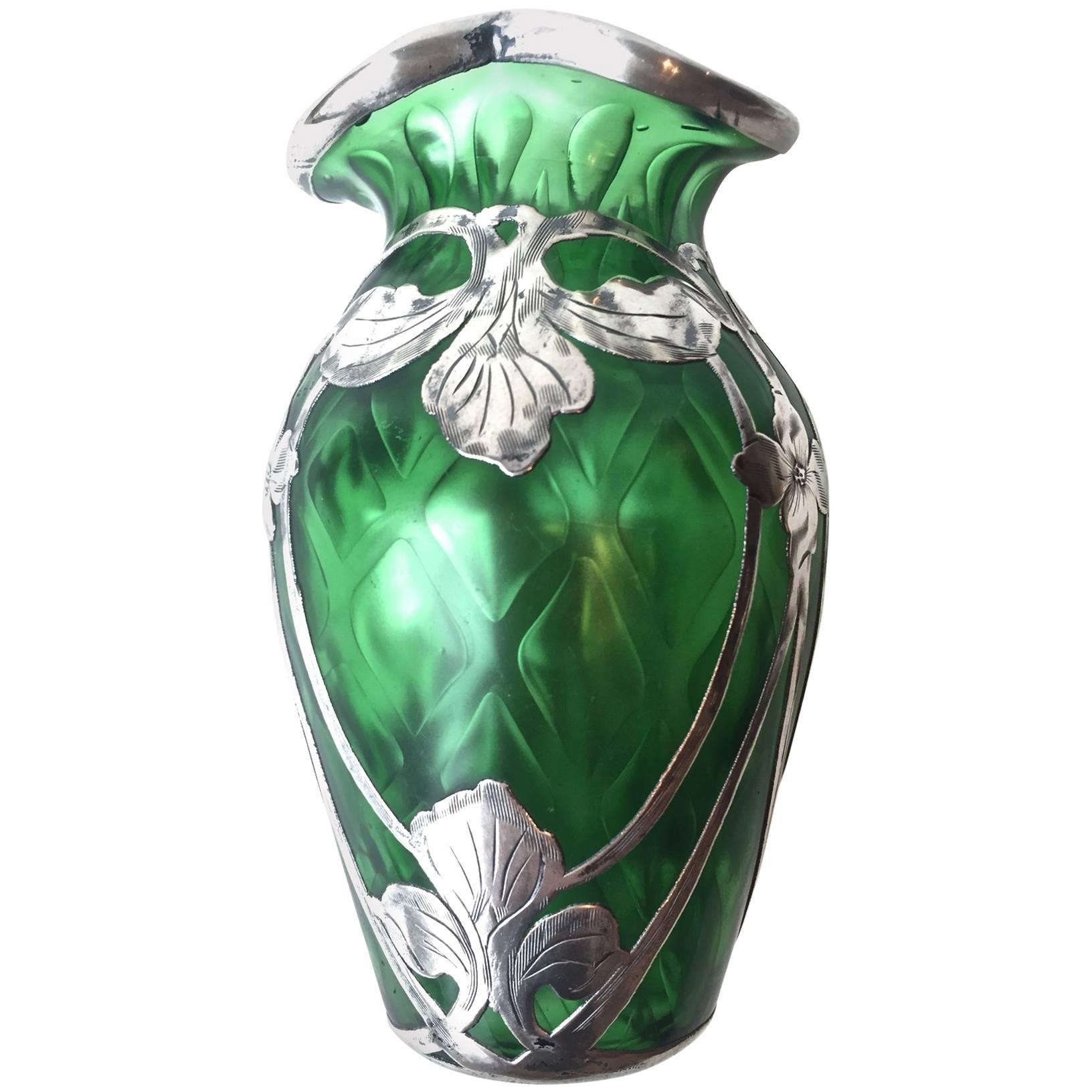 Steuben Glass Vase Silver Overlay by Alvin Art Nouveau, circa 1900 For Sale