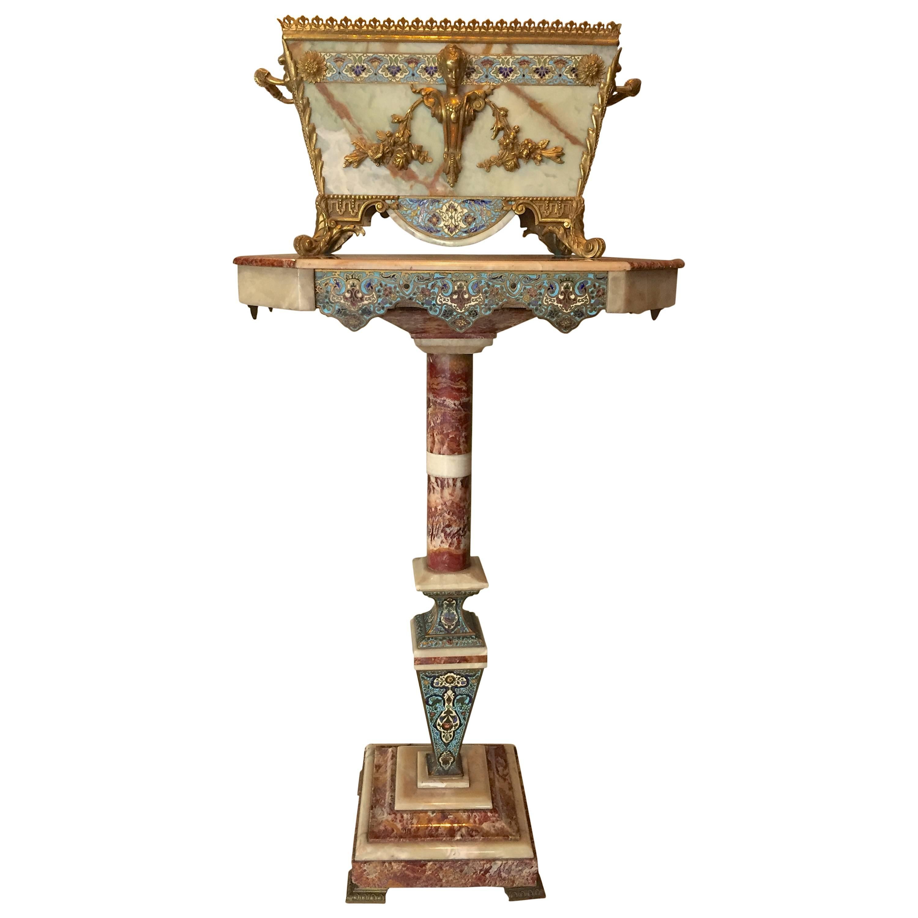 French Champleve Onyx Marble and Bronze Jardiniere on a Stand 19th Century For Sale