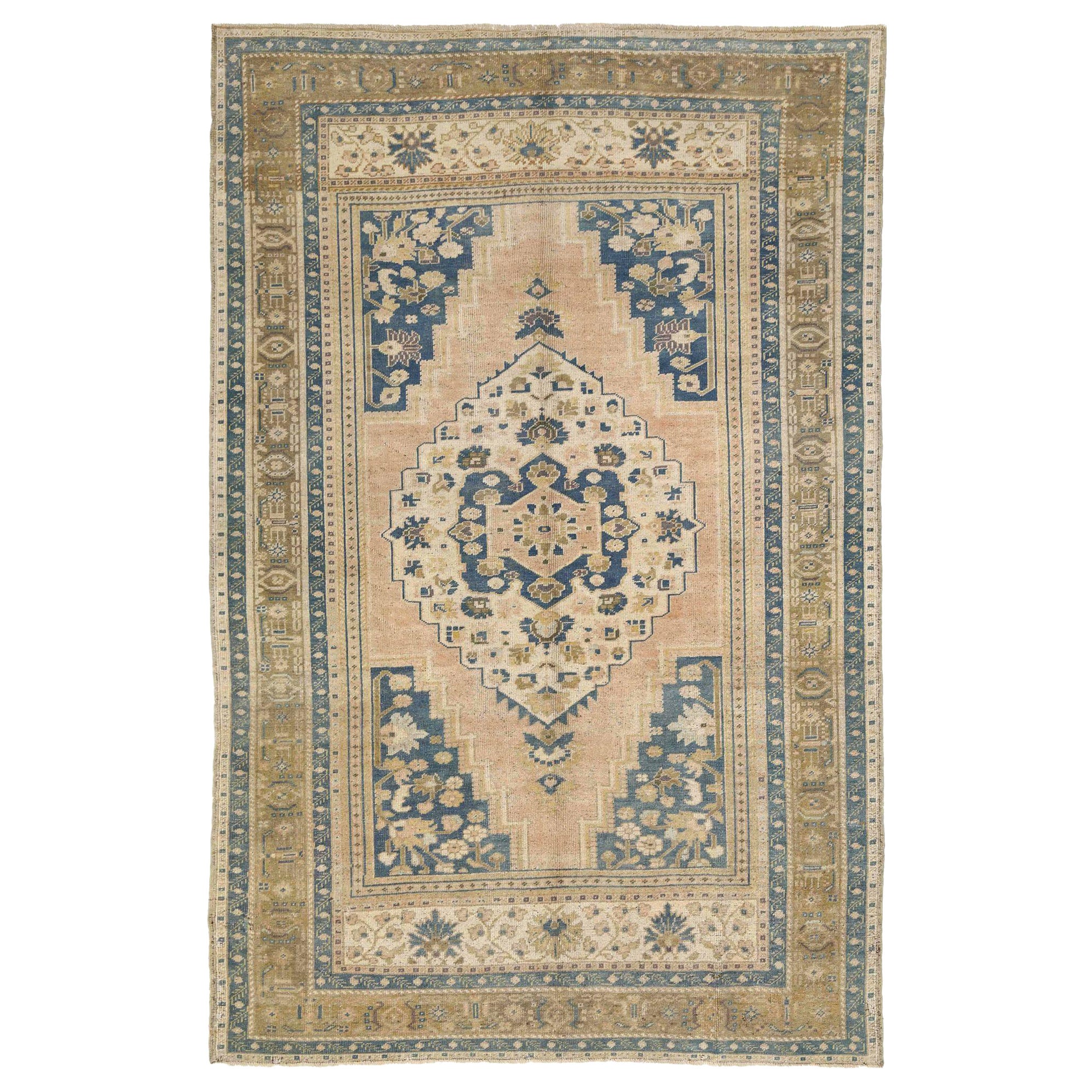 Türkischer Anatoly Kleiner Teppich - Wolle Elfenbein Marineblau Blau Rosa Design - 93072