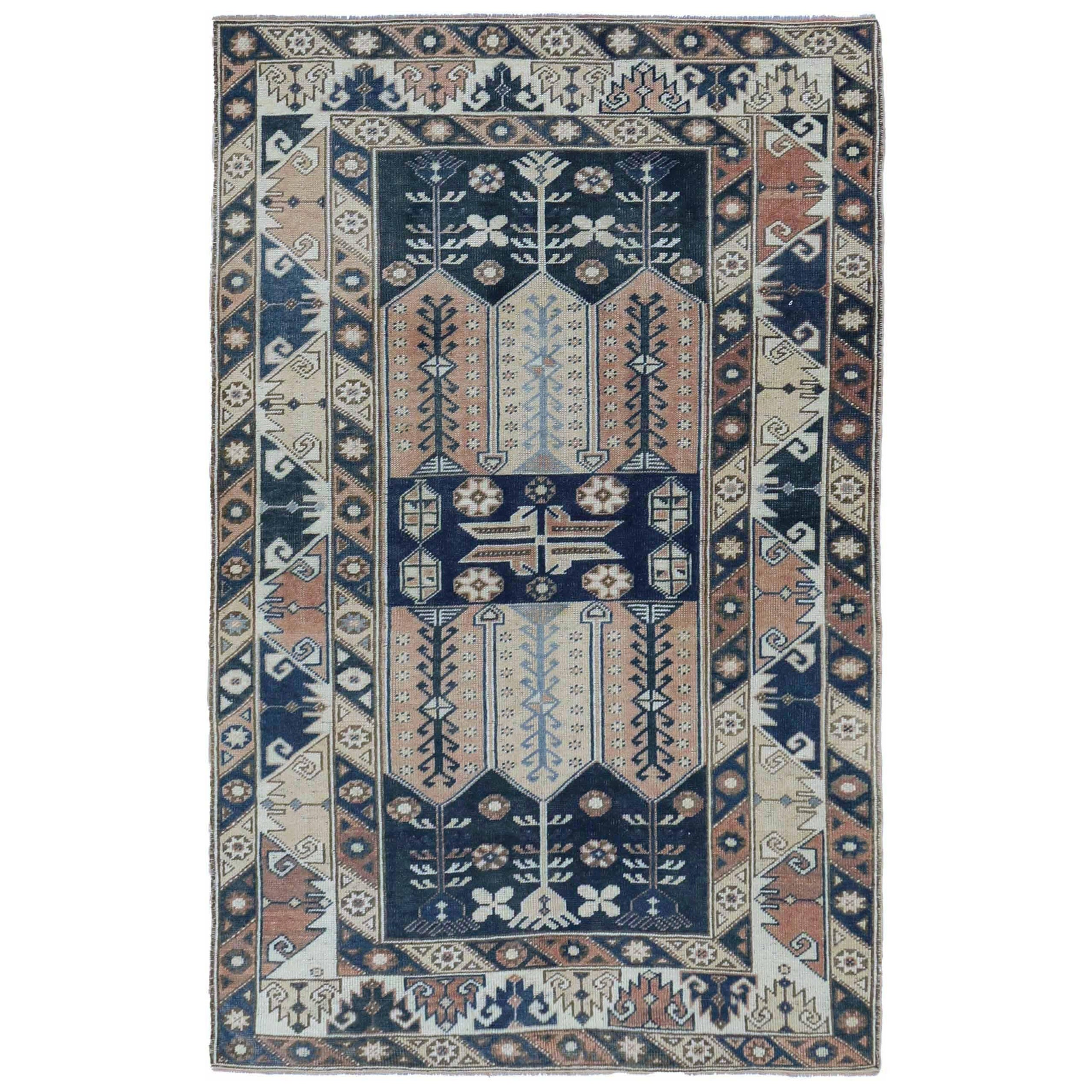 Turkey Anatoly Kleiner Teppich - Wolle Elfenbein Marineblau Blau Rosa Design - 93101