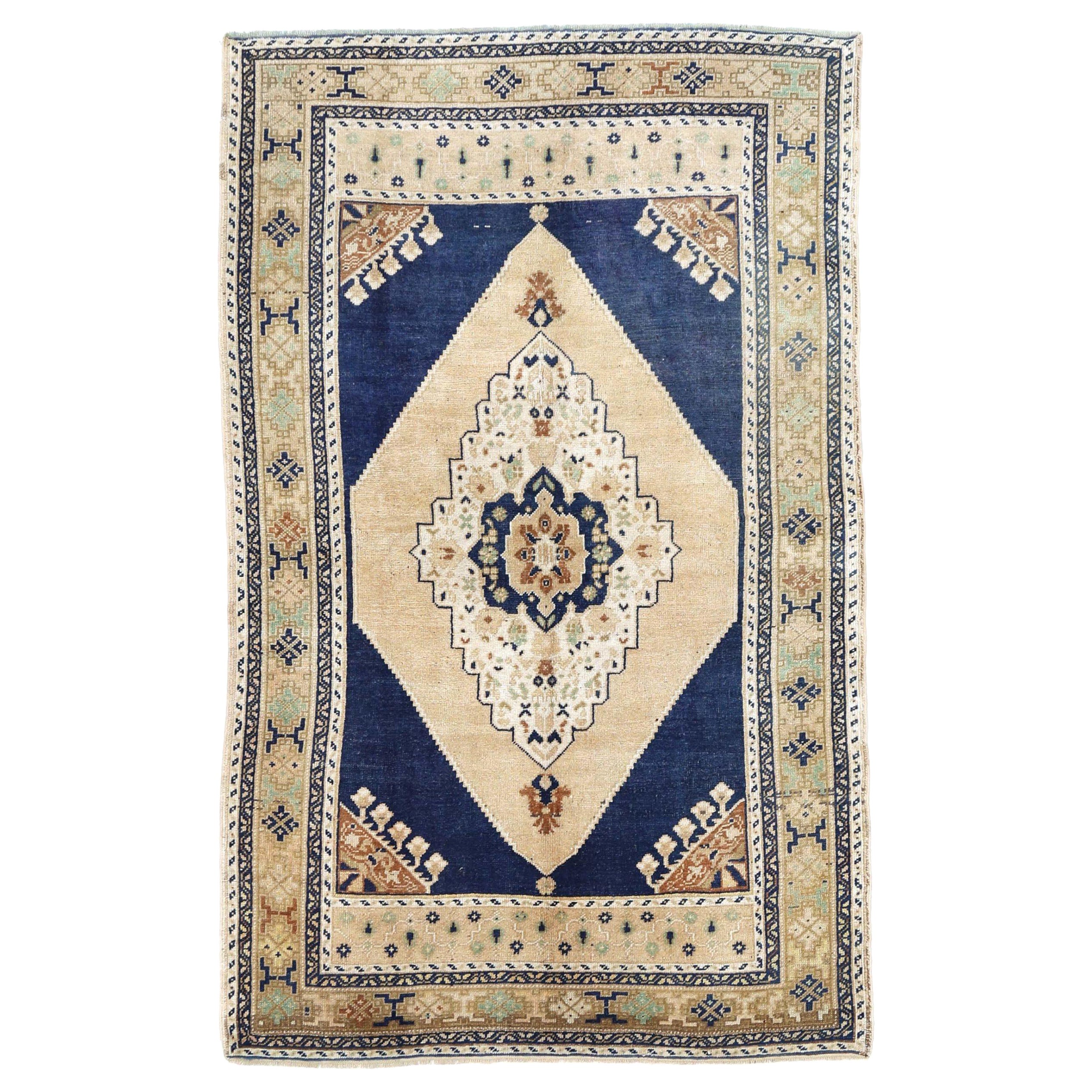 Türkischer Anatoly Kleiner Teppich - Wolle Elfenbein Marineblau Design - 93120