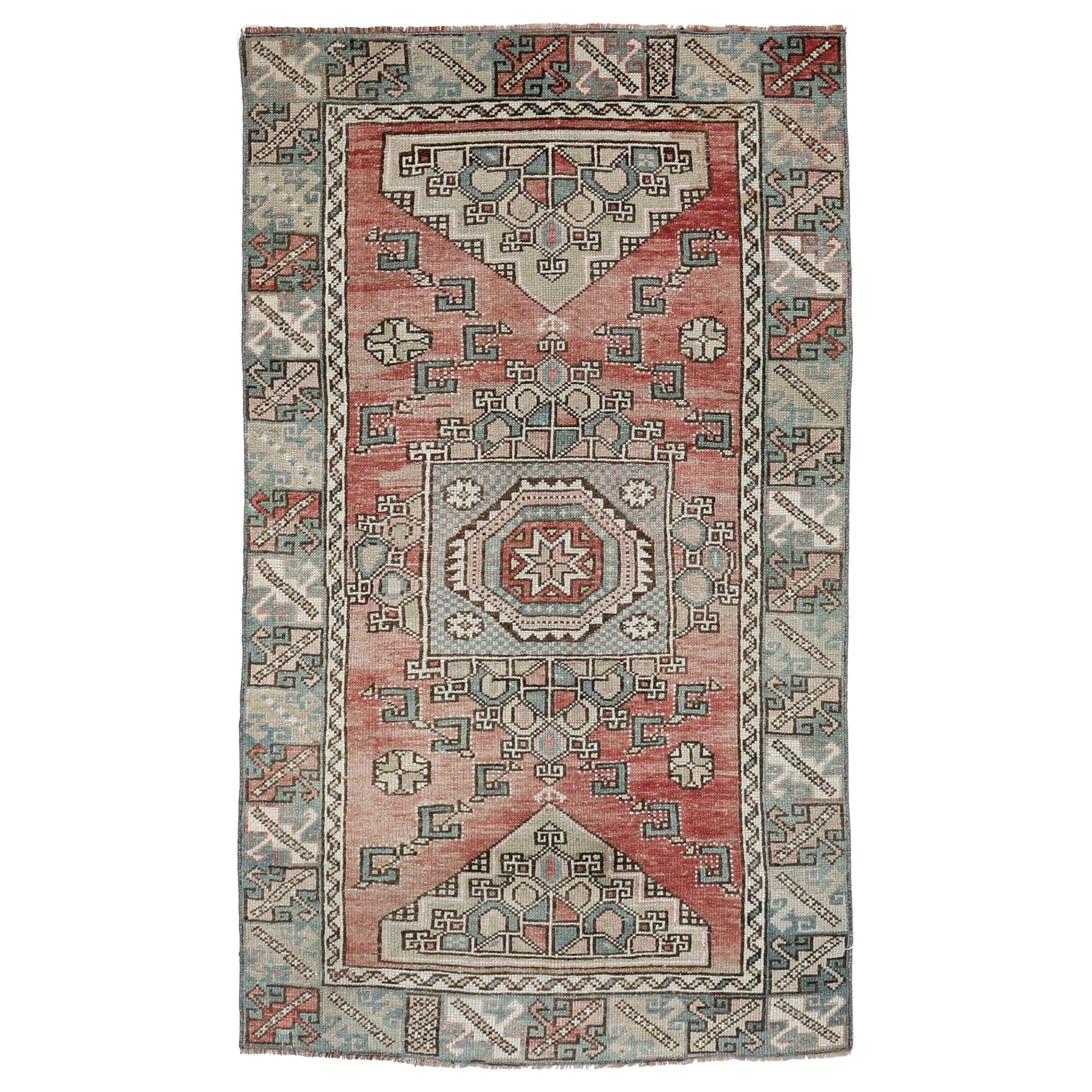 Türkischer Anatoly Kleiner Teppich - Wolle Grau Elfenbein Rot Design - 93144