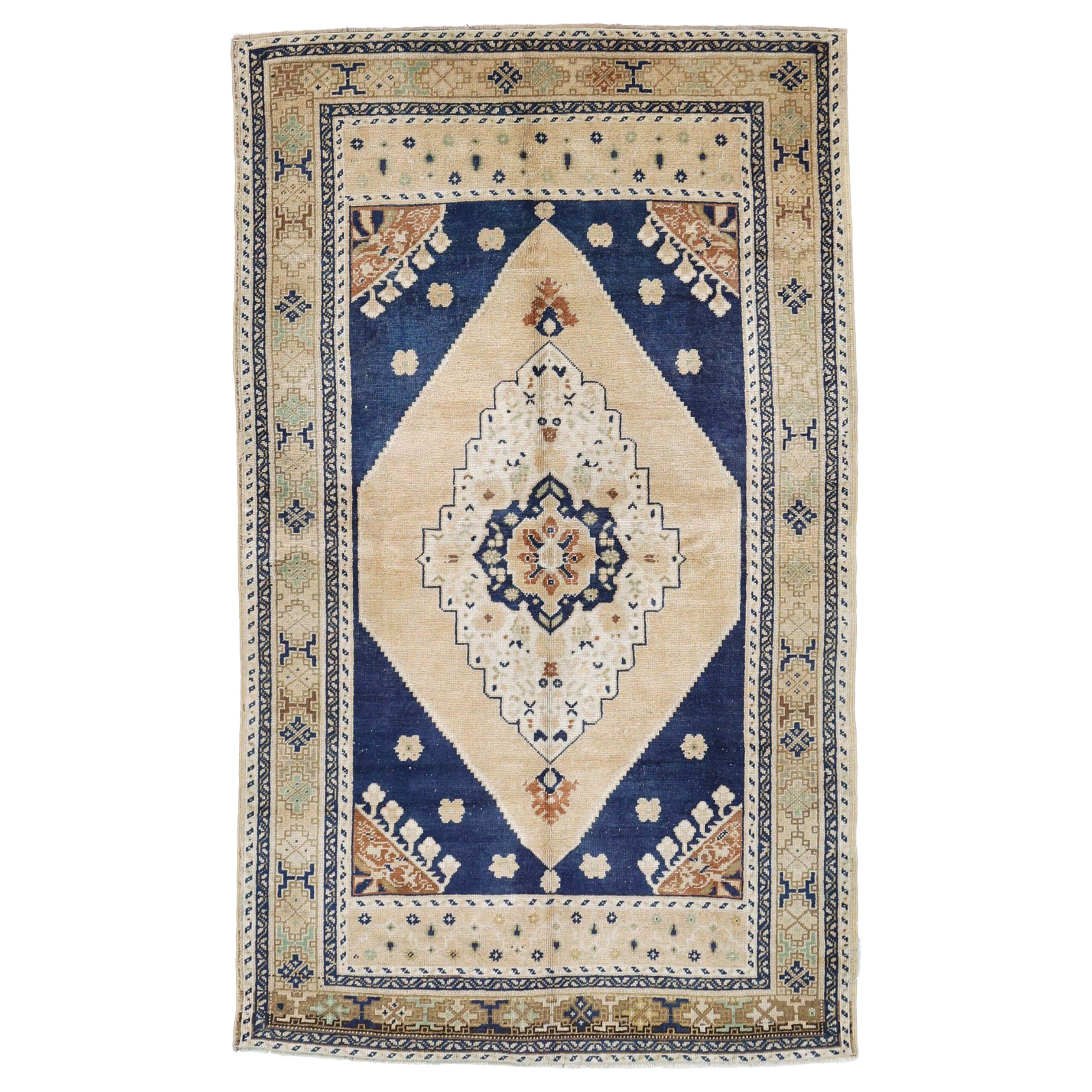 Türkischer Anatoly Kleiner Teppich - Wolle Elfenbein Marineblau Design - 93146