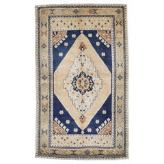 Türkischer Anatoly Kleiner Teppich - Wolle Elfenbein Marineblau Design - 93146