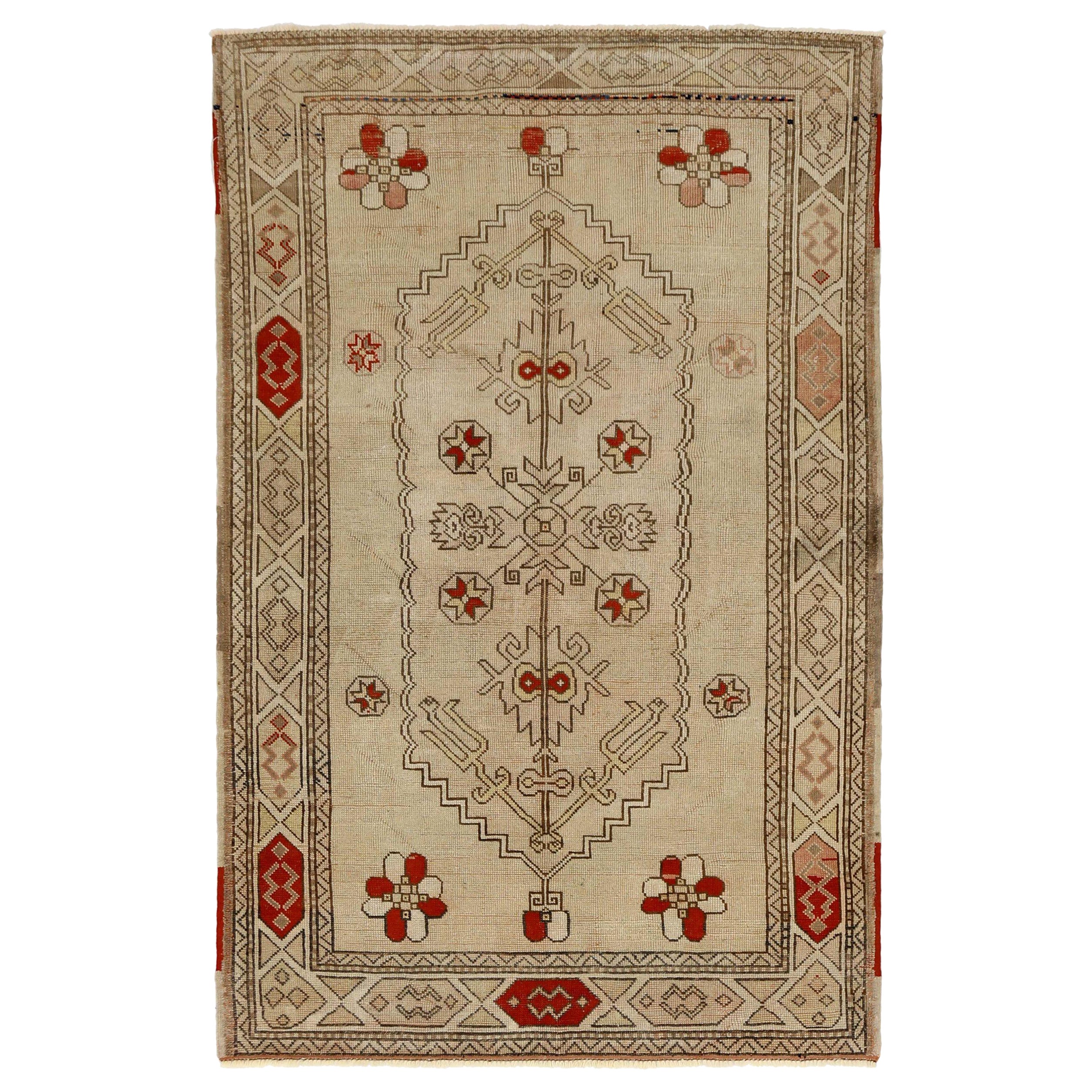 Türkischer Anatoly Kleiner Teppich - Wolle Elfenbein Rot Design - 93135