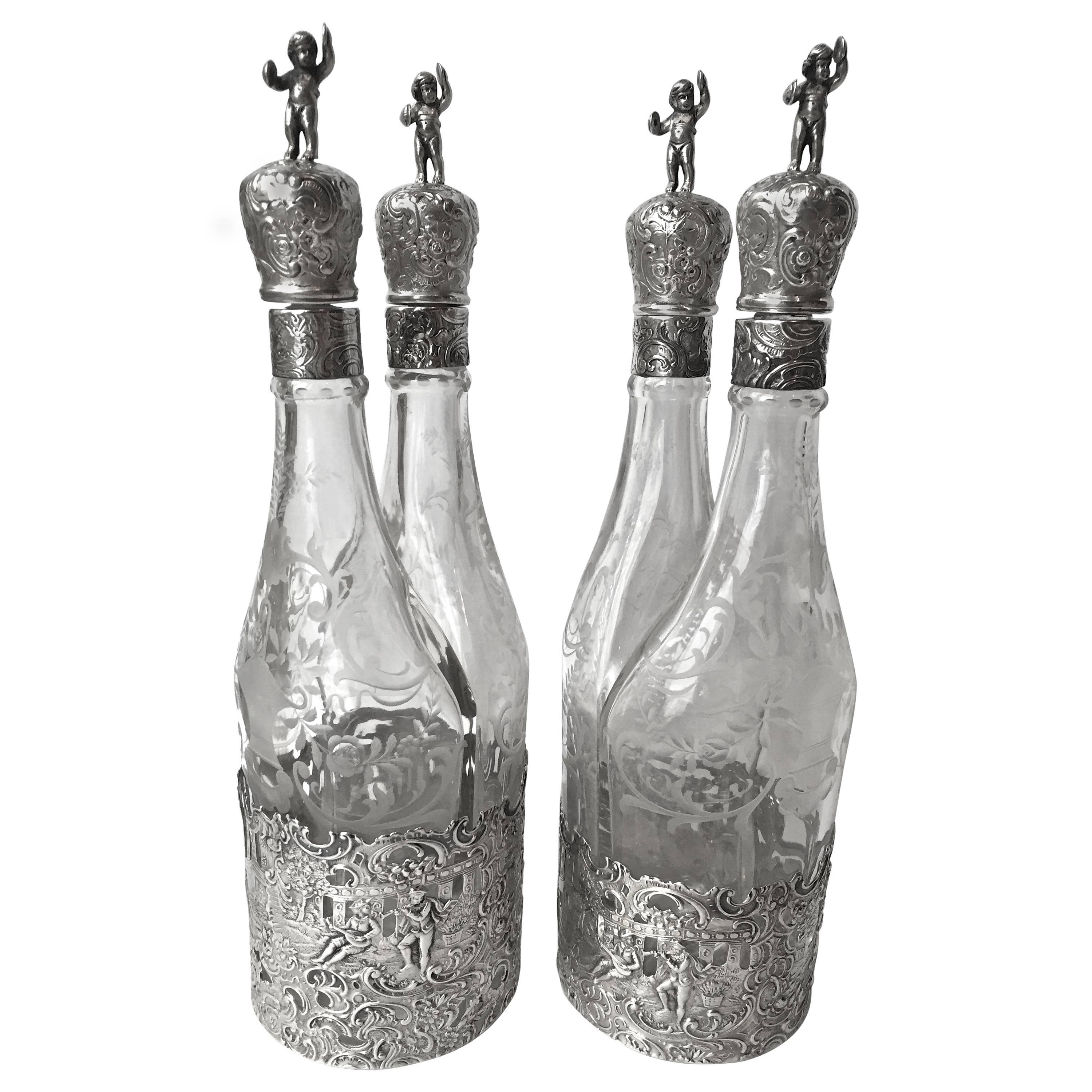 German 800 Fine Silver and Etched Glass Decanters, Two Pair, circa 1900 For Sale