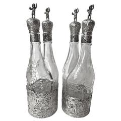 German 800 Fine Silver and Etched Glass Decanters, Two Pair, circa 1900