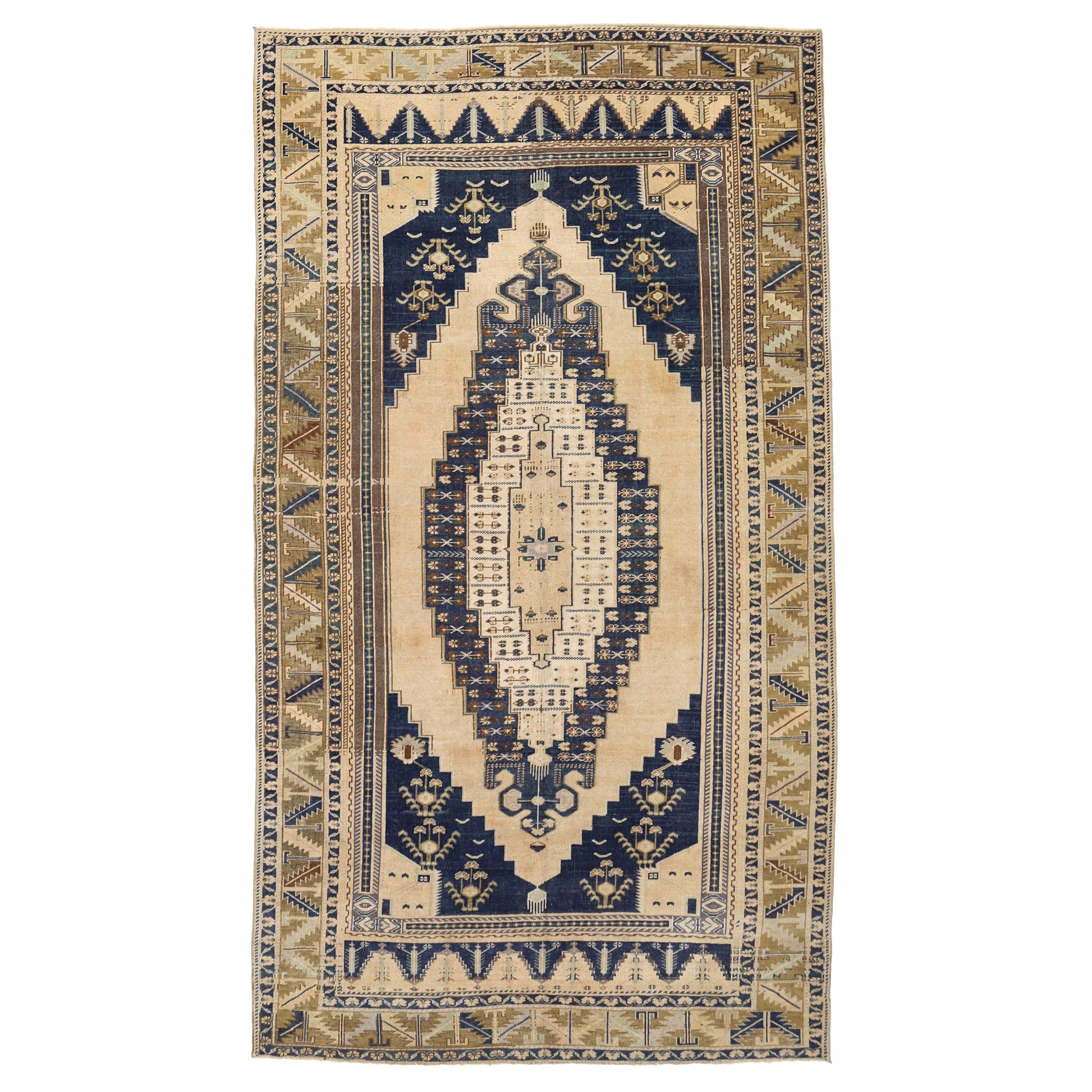Türkischer Anatoly Kleiner Teppich - Wolle Elfenbein Marineblau Design - 93140