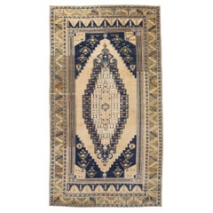 Türkischer Anatoly Kleiner Teppich - Wolle Elfenbein Marineblau Design - 93140