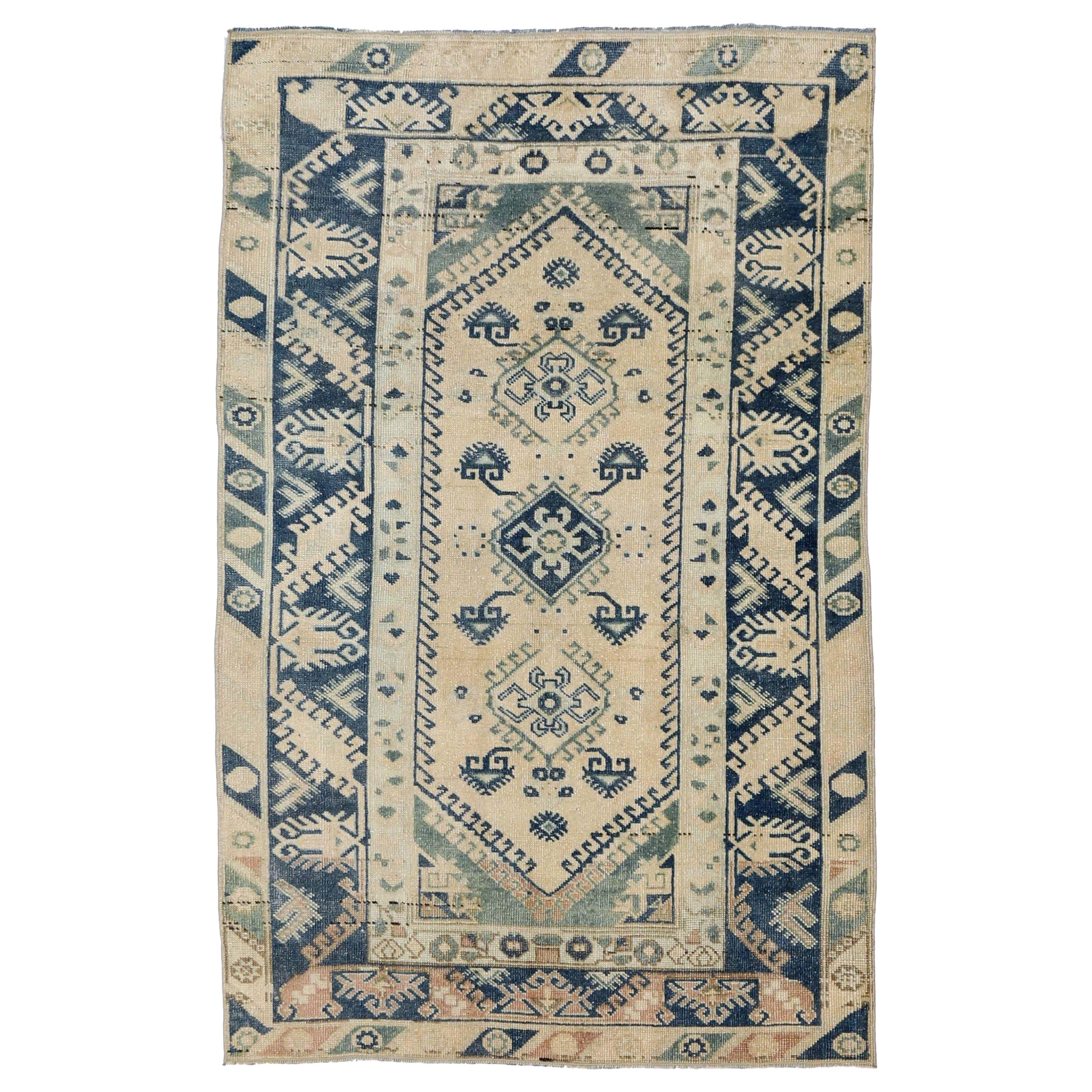 Türkischer Anatoly Kleiner Teppich - Wolle Elfenbein Marineblau Design - 93142