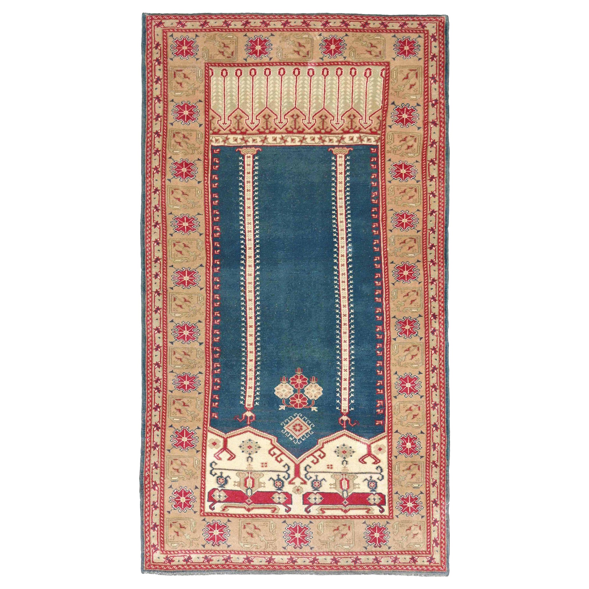 Türkischer Anatoly Kleiner Teppich - Wolle Blau Elfenbein Rot Design - 93153