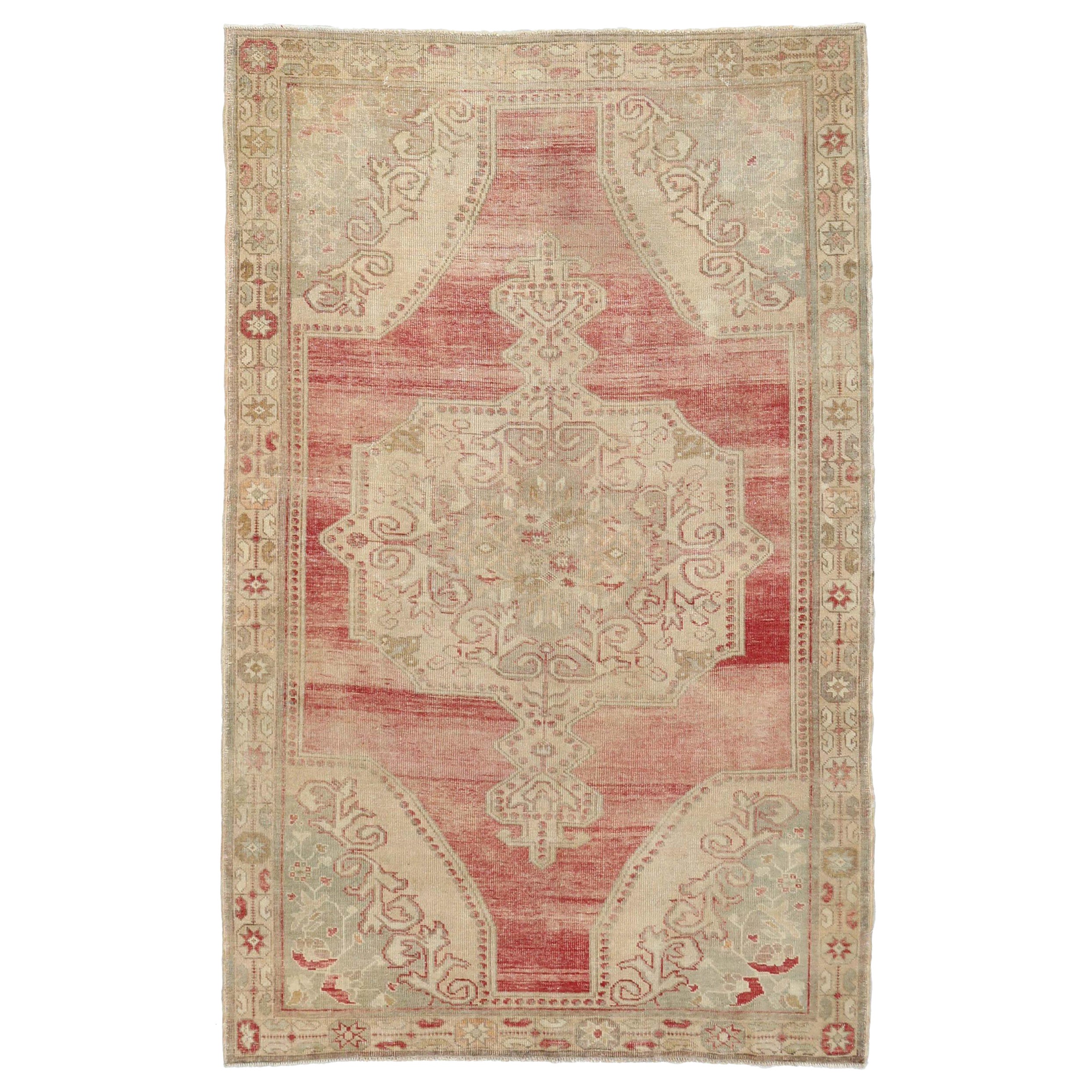 Türkischer Anatoly Kleiner Teppich - Wolle Elfenbein Rot Design - 93158