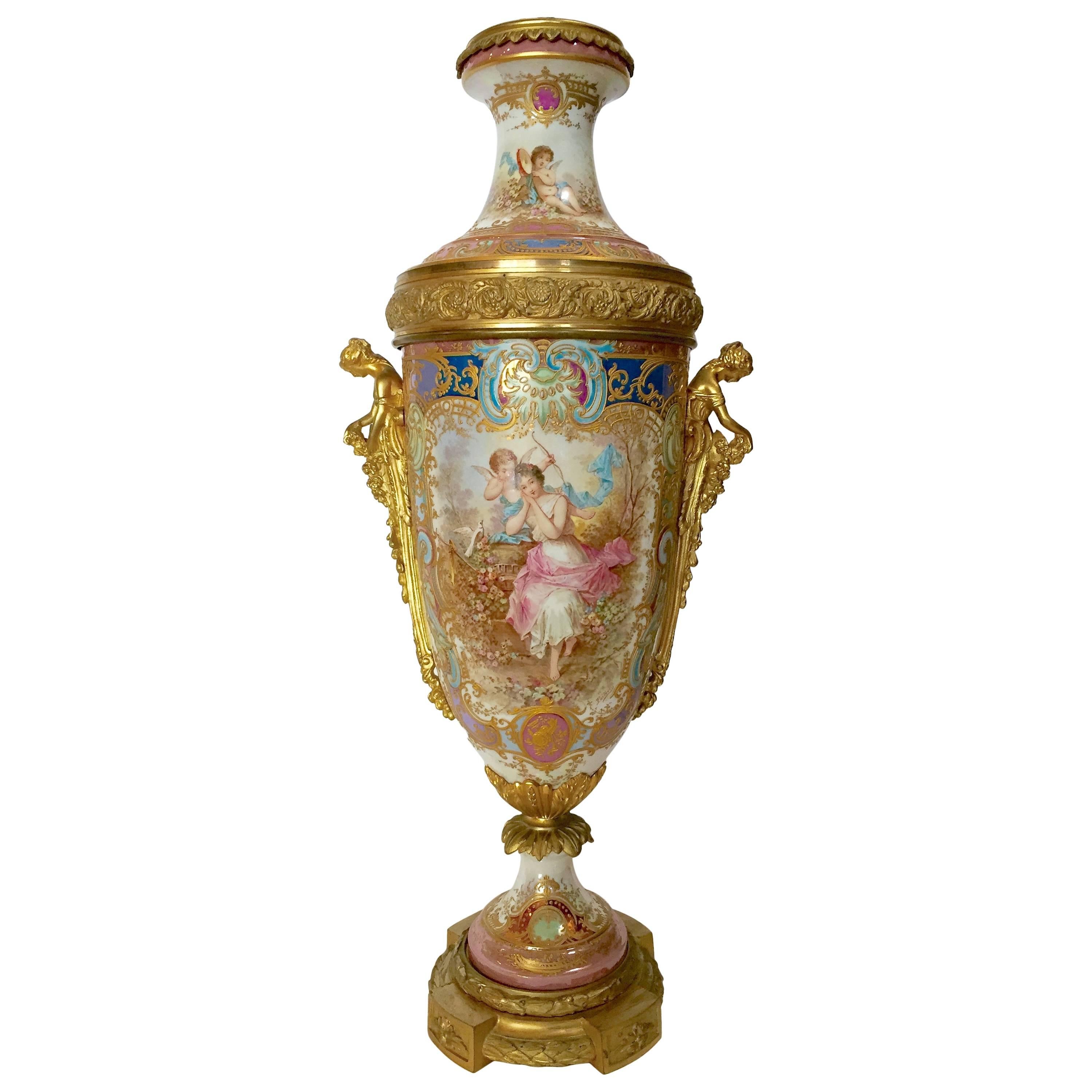 Sevres Style Urn Lamped Hand-Painted Gilt Bronze Mounts France, circa 1890 For Sale