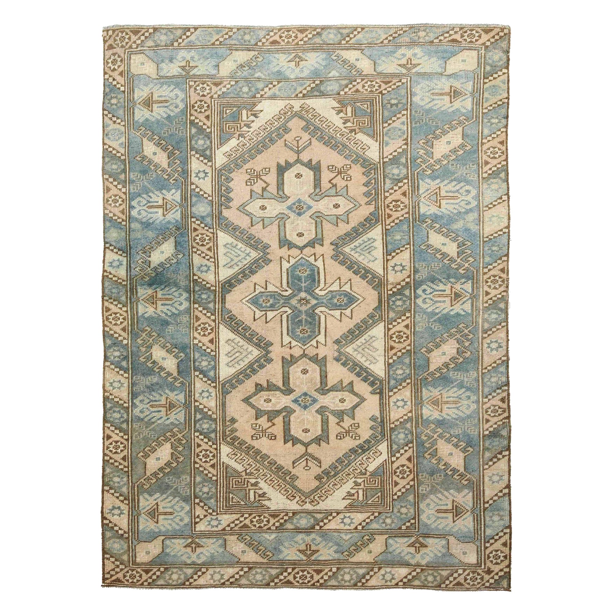 Türkischer Anatoly Kleiner Teppich - Wolle Blau Elfenbein Design - 93166
