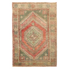 Türkischer Anatoly Kleiner Teppich - Wolle Grün Elfenbein Rosa Rot Design - 93181