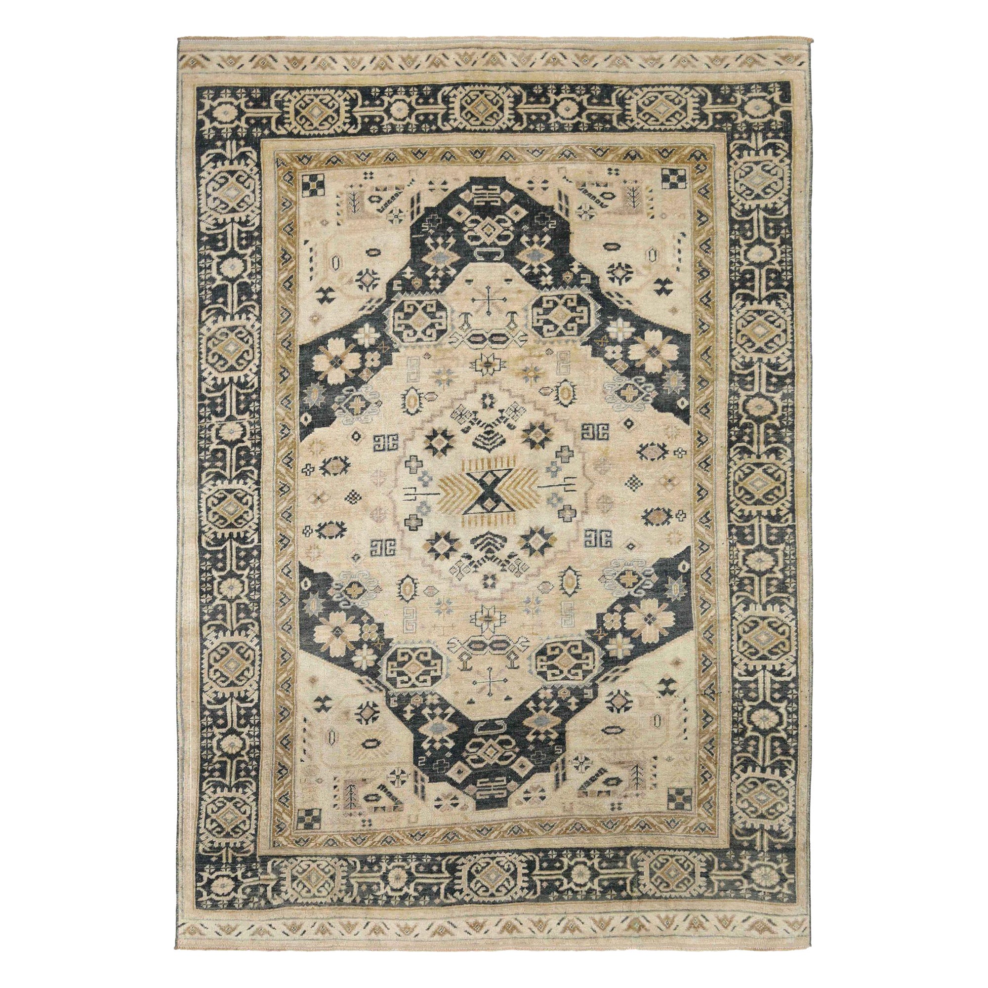 Türkischer Anatoly Kleiner Teppich - Wolle Schwarz Elfenbein Design - 93187