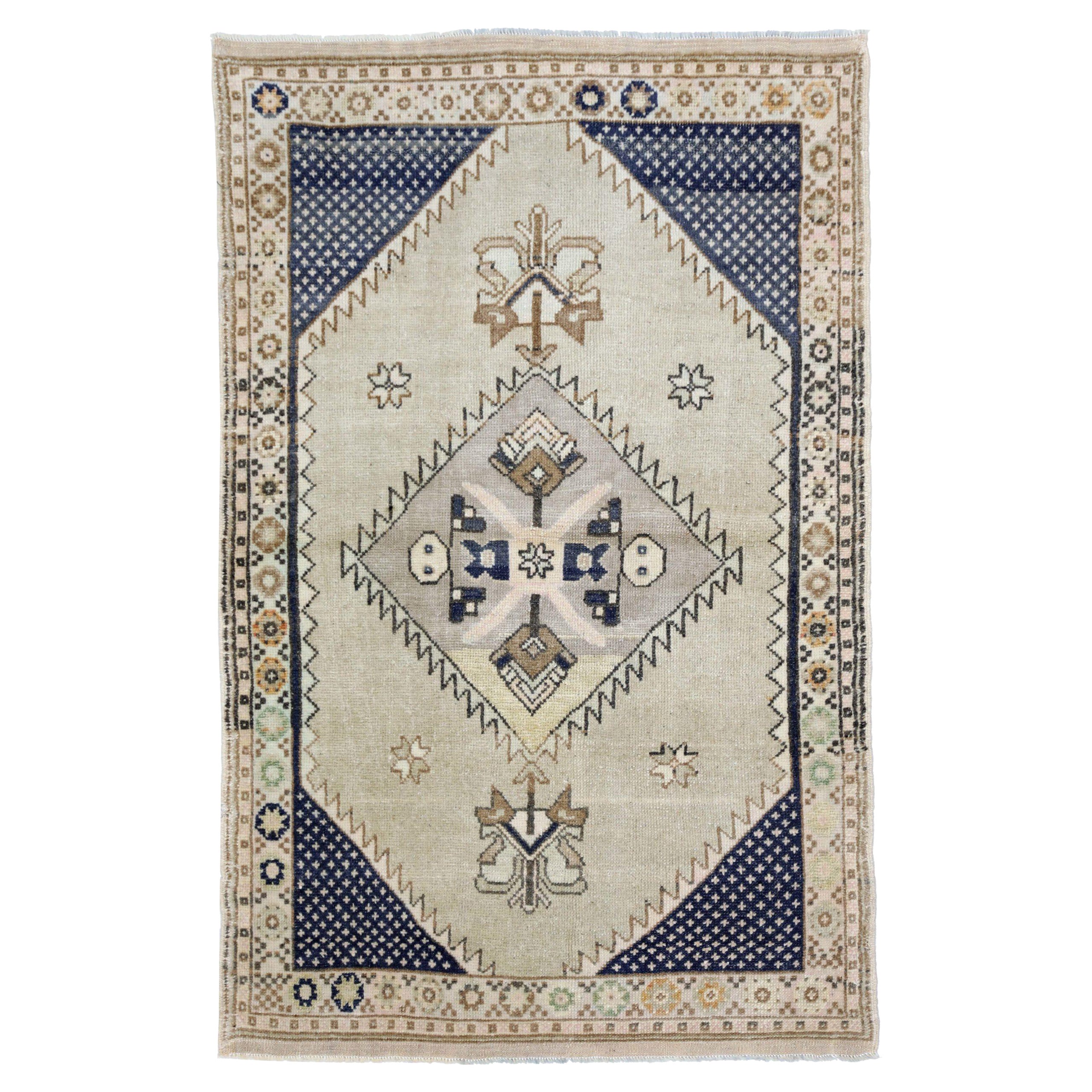 Türkischer Anatoly Kleiner Teppich - Wolle Elfenbein Marineblau Design - 93238
