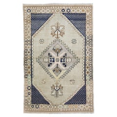 Türkischer Anatoly Kleiner Teppich - Wolle Elfenbein Marineblau Design - 93238