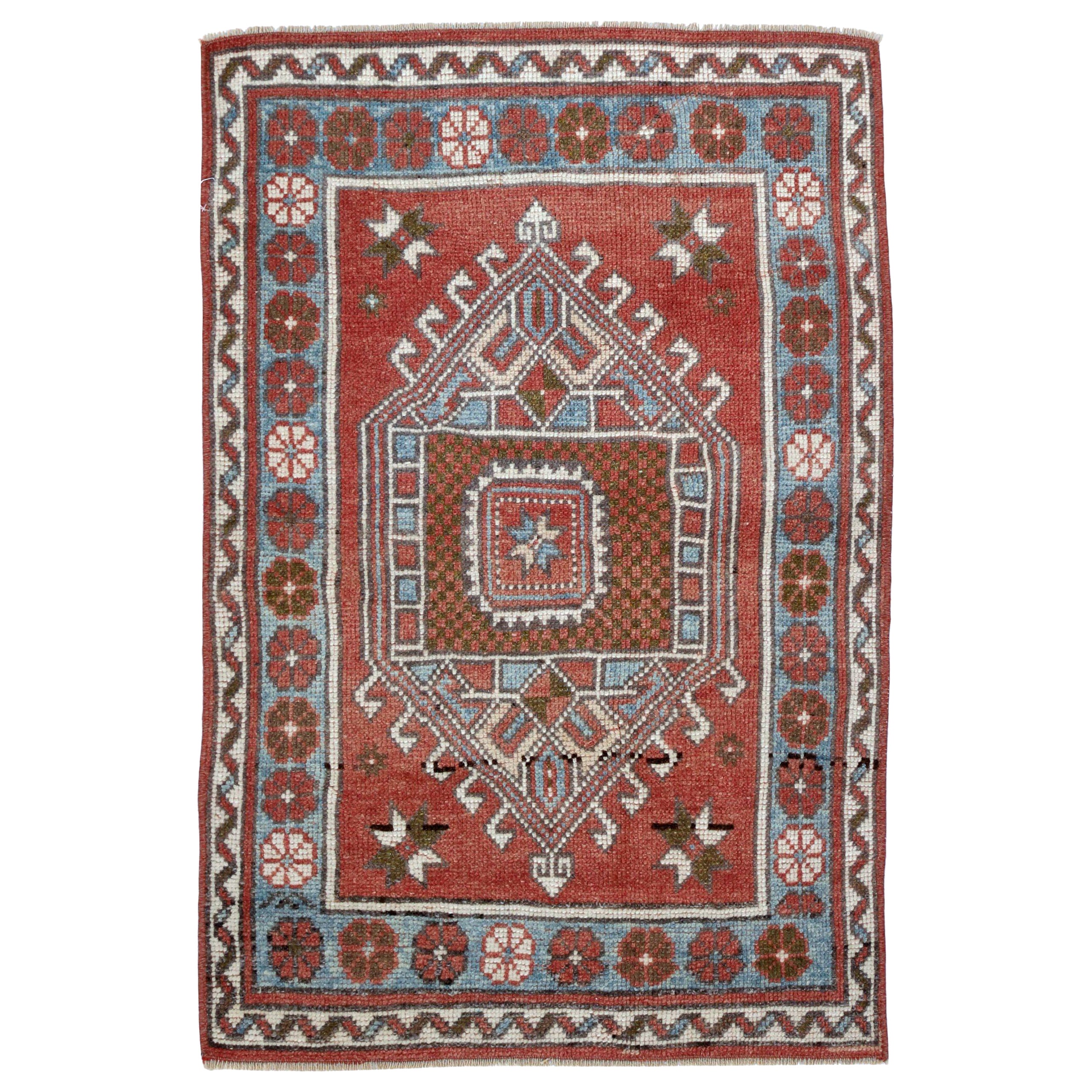 Türkischer Anatoly Kleiner Teppich - Wolle Blau Elfenbein Rot Design - 93229