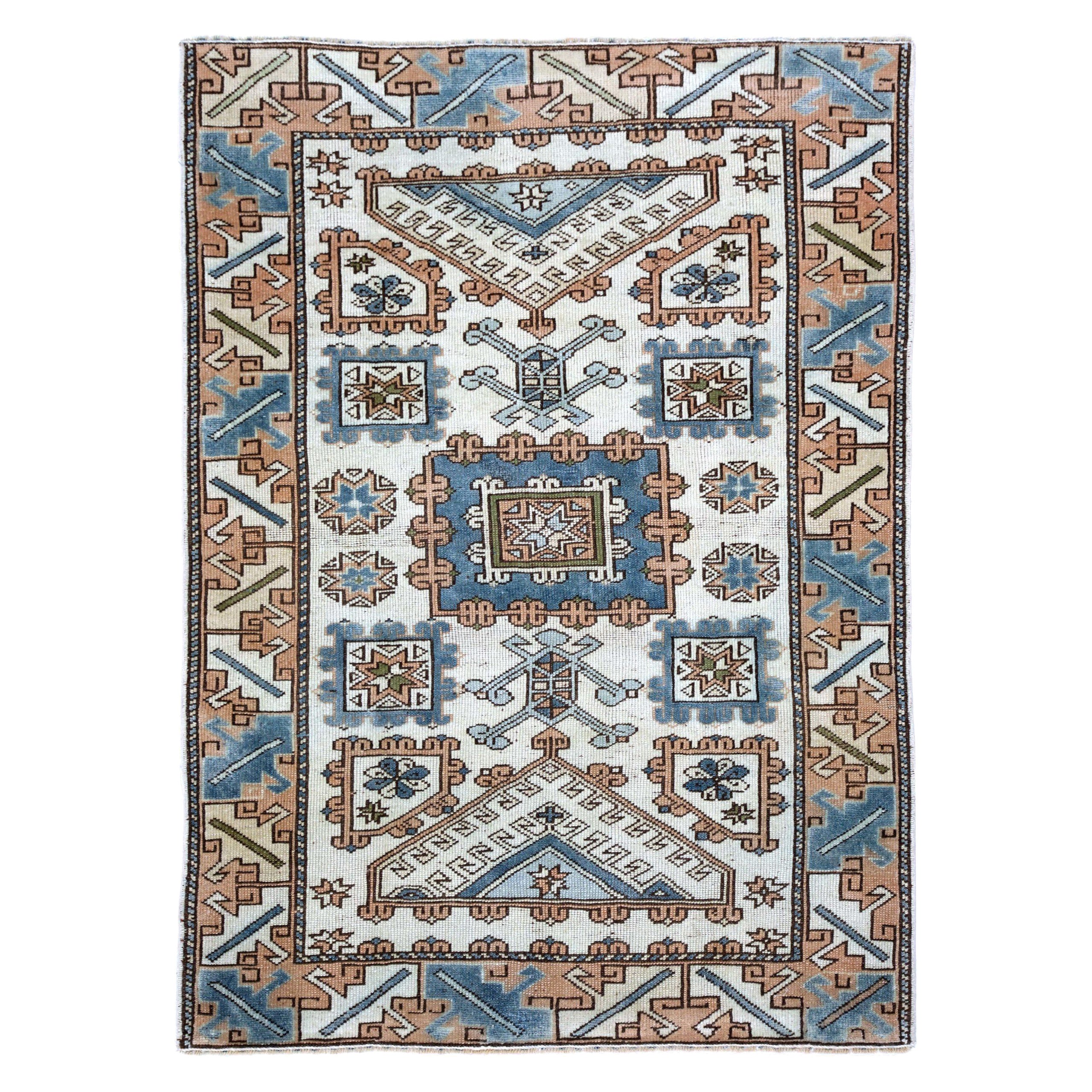 Türkischer Anatoly Kleiner Teppich - Wolle Blau Elfenbein Rosa Design - 93245
