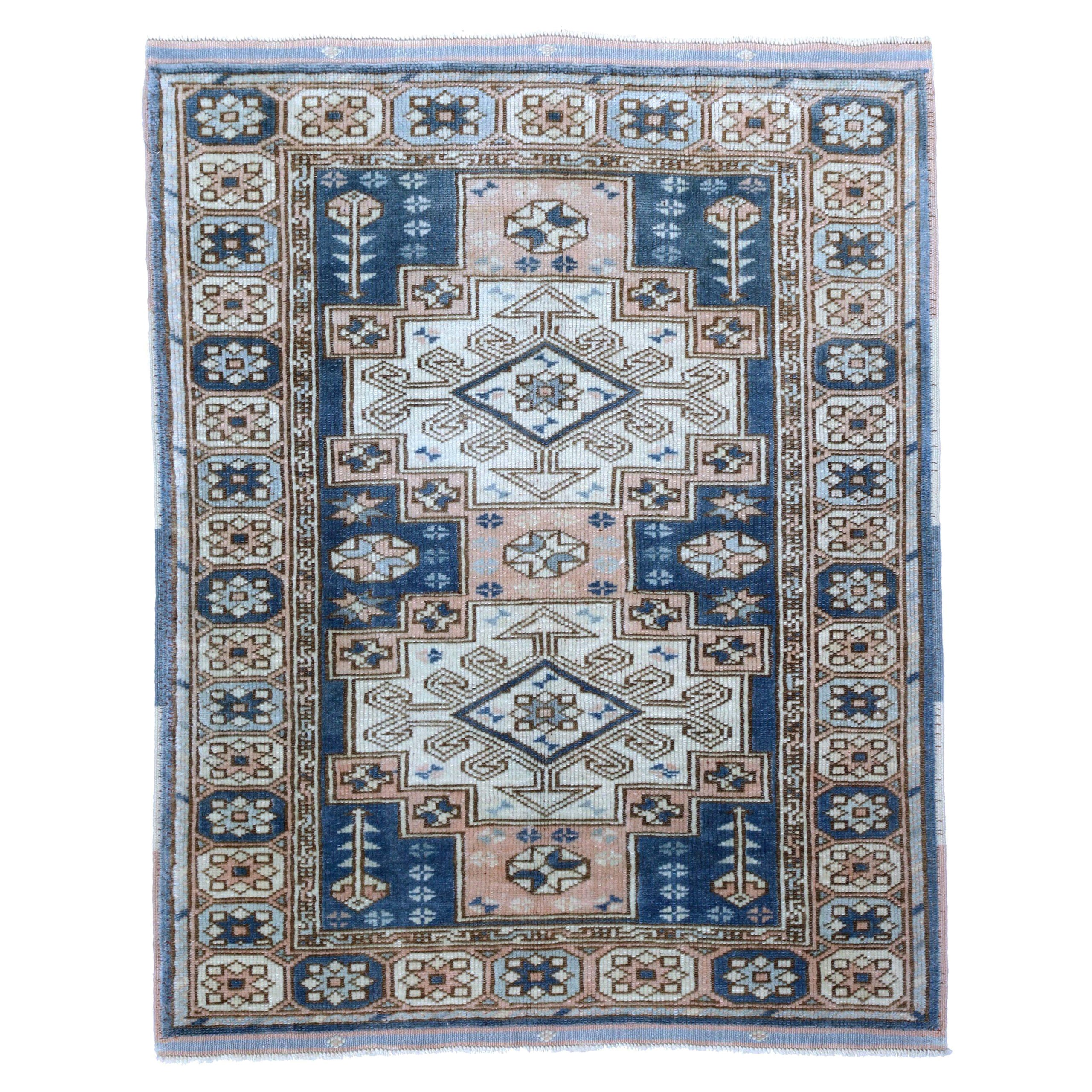 Turkey Anatoly Kleiner Teppich - Wolle Elfenbein Marineblau Blau Rosa Design - 93230