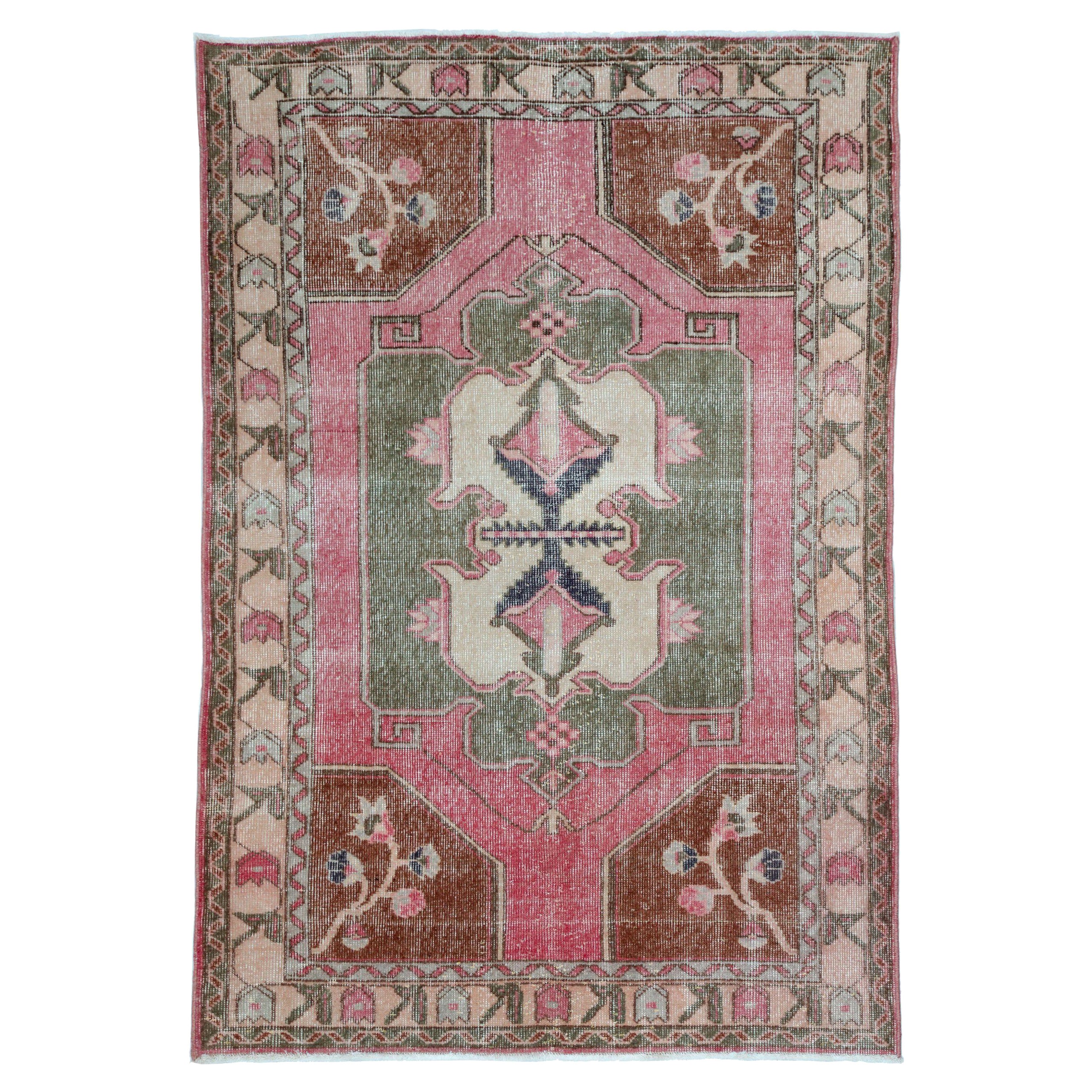Turkey Anatoly Small Rug - Wool Green Ivory Pink Red Design - 93247