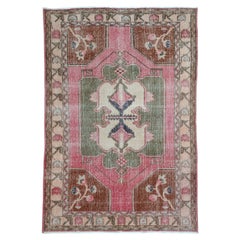 Türkischer Anatoly Kleiner Teppich - Wolle Grün Elfenbein Rosa Rot Design - 93247