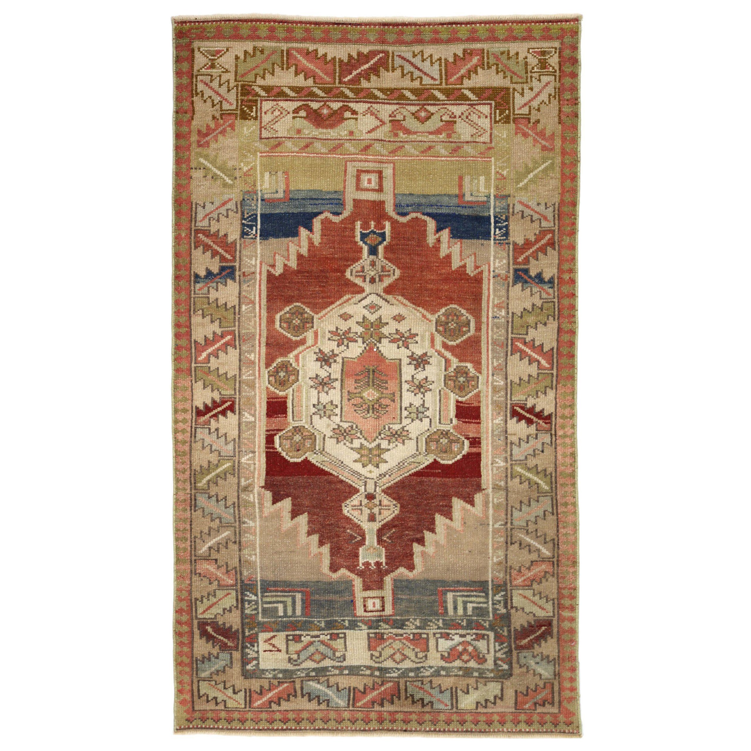 Türkischer Anatoly Kleiner Teppich - Wolle Grün Elfenbein Rot Design - 93248