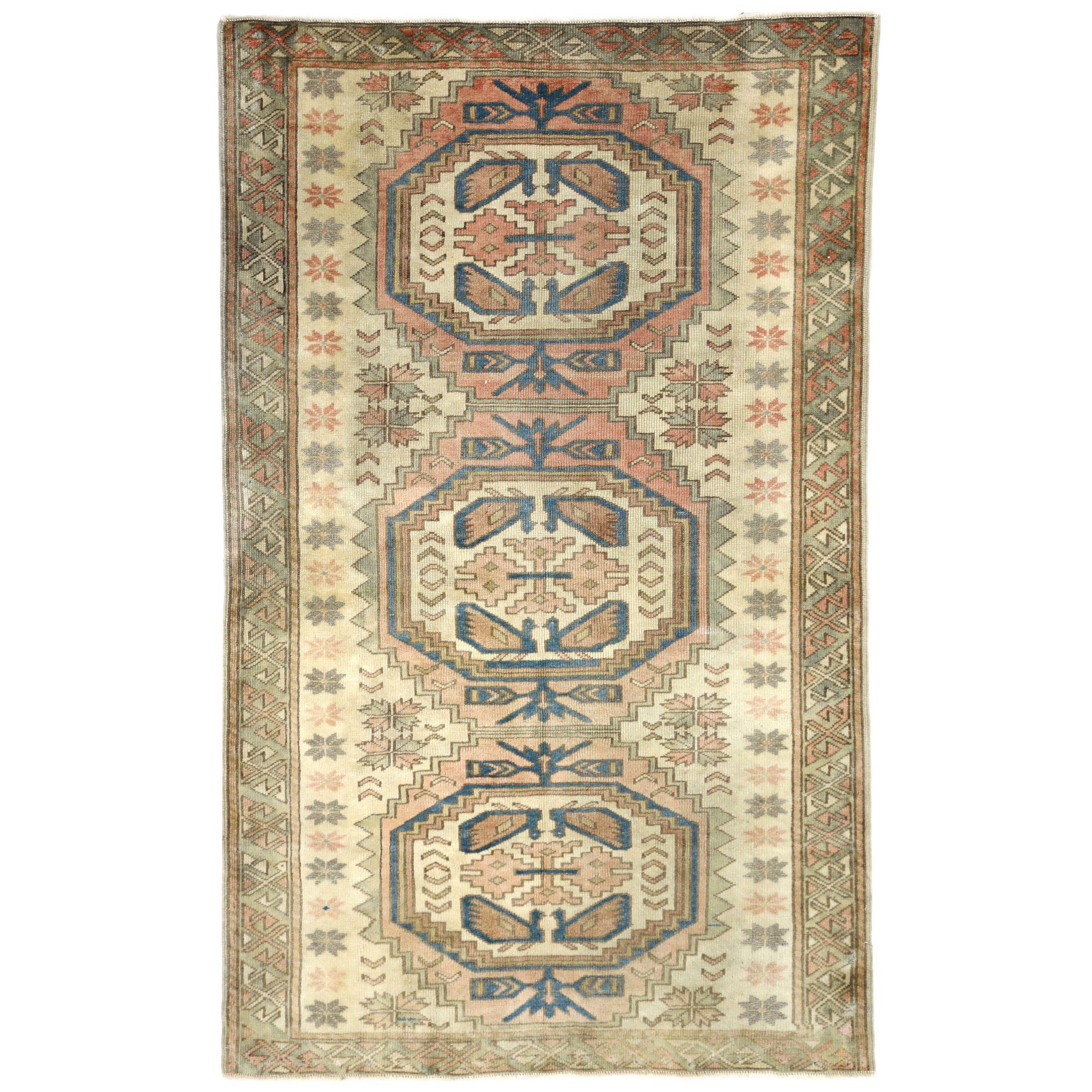 Türkischer Anatoly Kleiner Teppich - Wolle Elfenbein Rosa Design - 93249