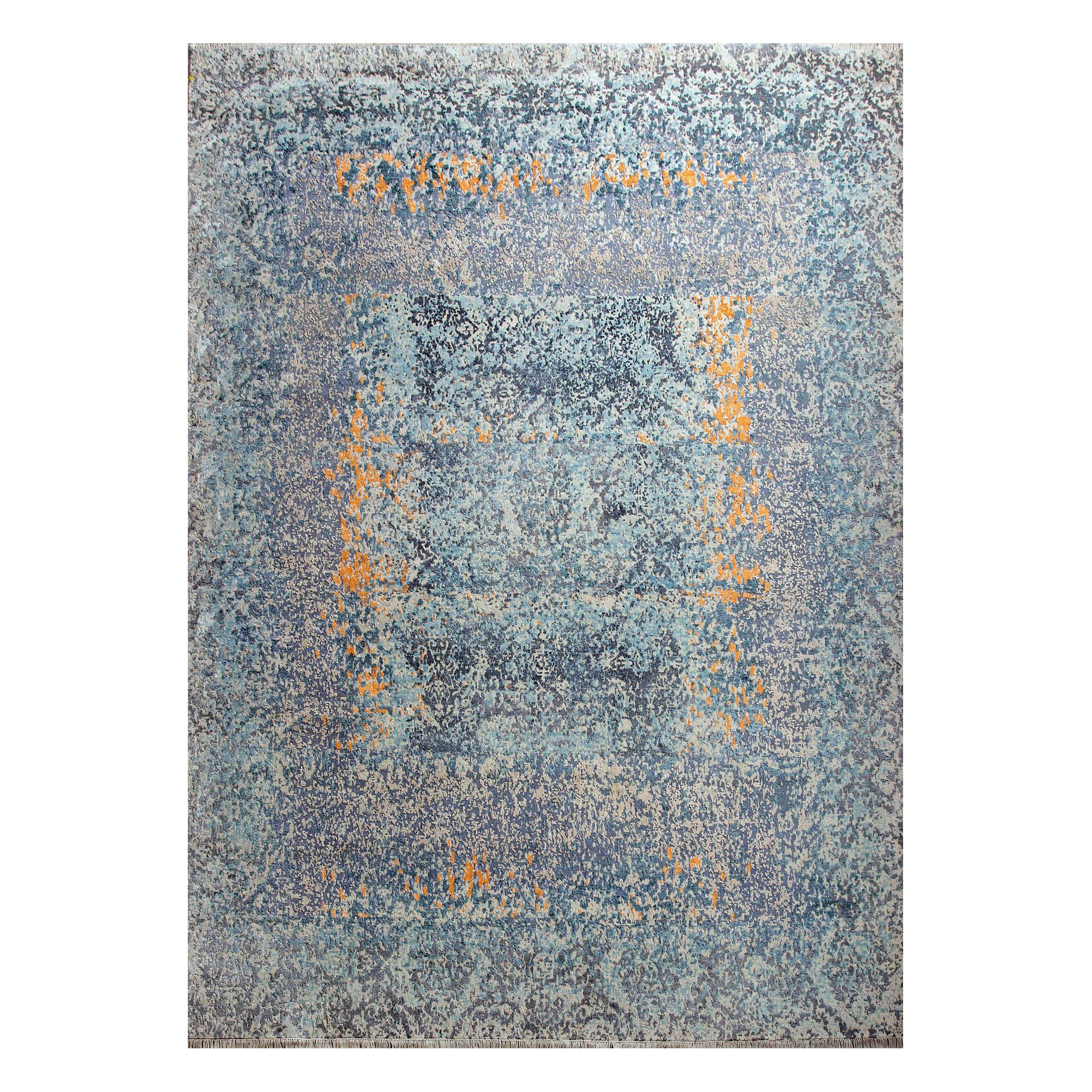 India Area Rugs - Wool Blue Ivory Orange Design - 93303