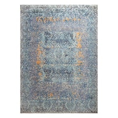Tapis de laine bleu ivoire orange 93303