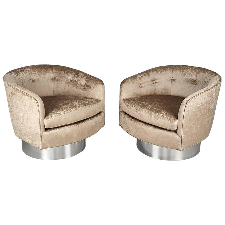 Swivel Lounge Chairs in Velvet with Chrome Bases in the style of Milo