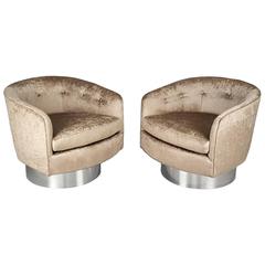  Swivel Lounge Chairs in Velvet with Chrome Bases in the style of Milo Baughman