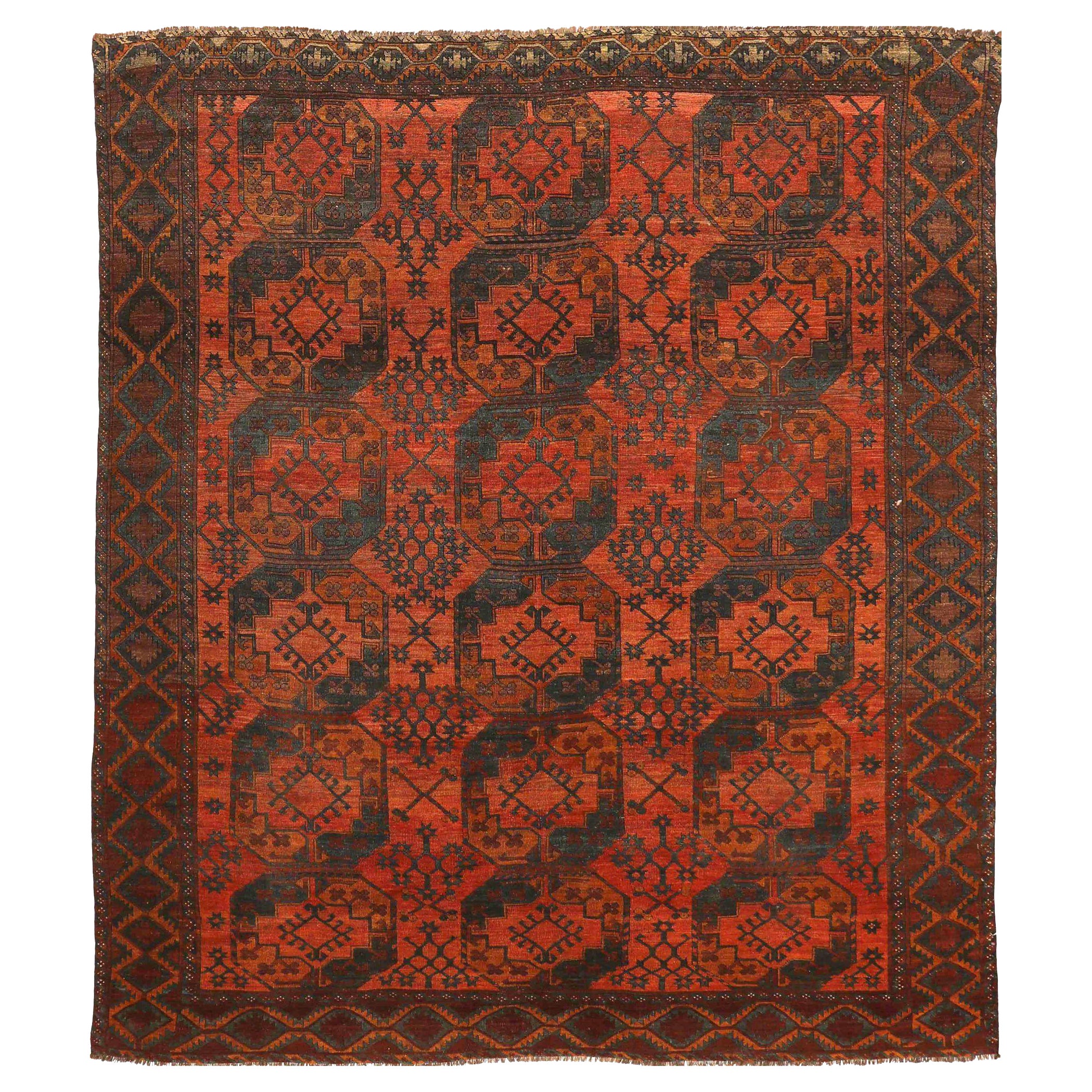 Persian Yamoud Small Rug - Wool Navy Blue Red Design - 93398