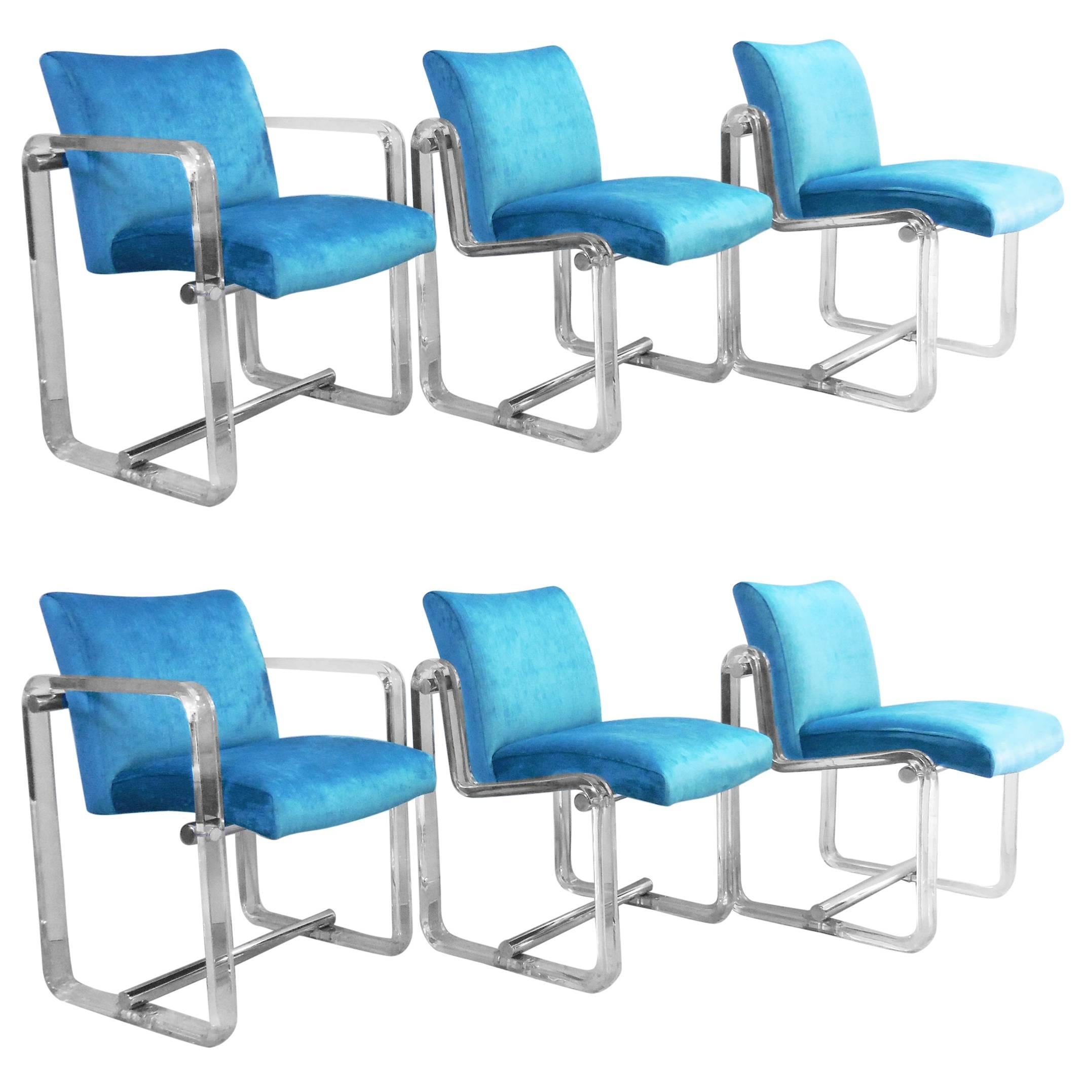 Six Turquoise Lucite and Chrome Dining Chairs, 1970s