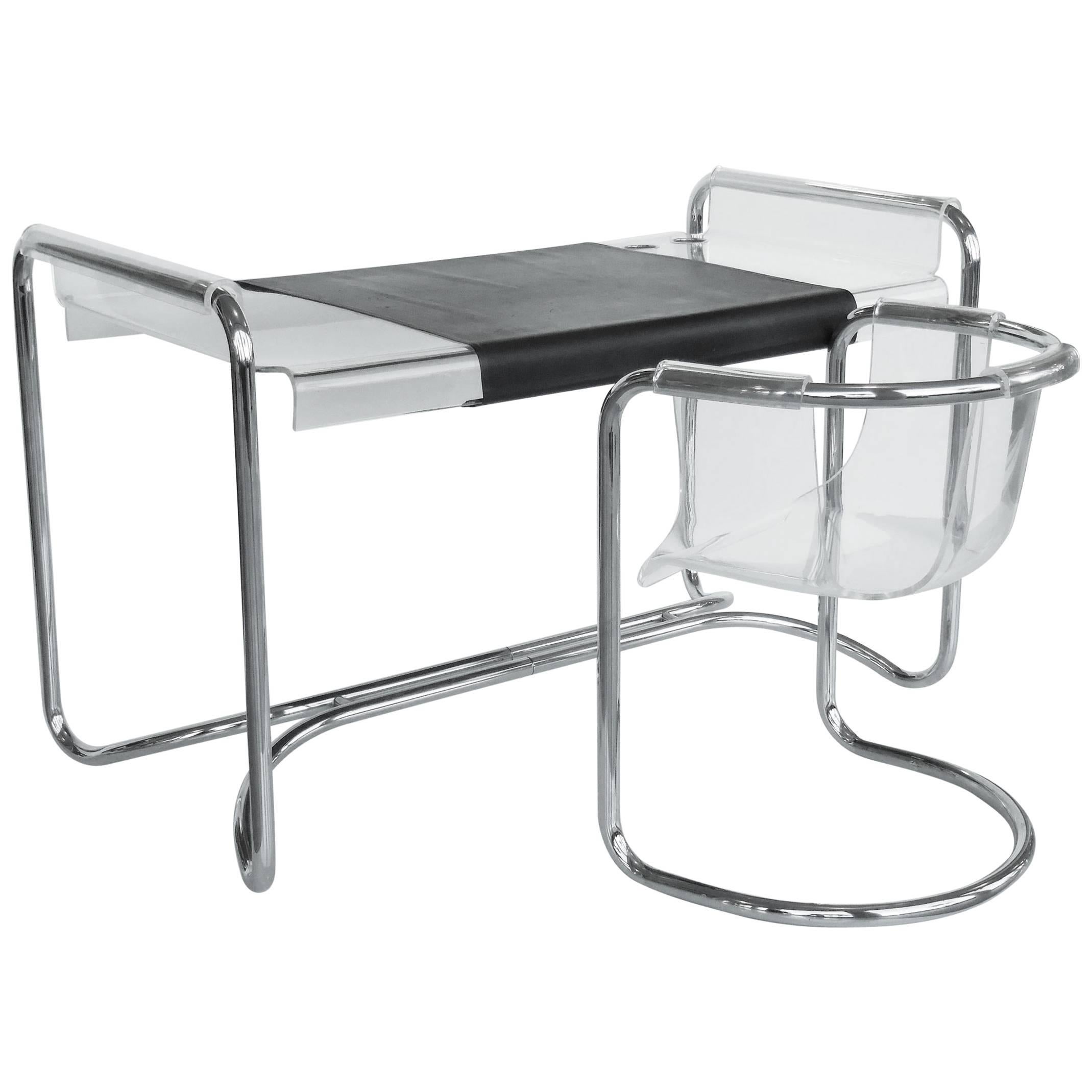 Fabio Lenci Lucite and Chrome Desk with Two Chairs