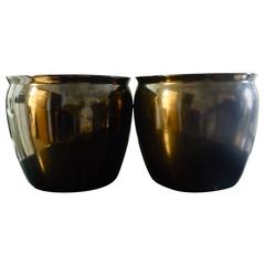 Pair of 1980s Metallic Bronze Glaze Planters 3