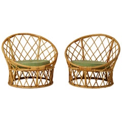 Pair of Signed "Berceau" Basket Rattan Loungers by Audoux Minnet - France 1960's