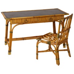 Rattan & Brass Desk & Chair by Gilles Sermadiras, Ed. Maison & Jardin - 1960's