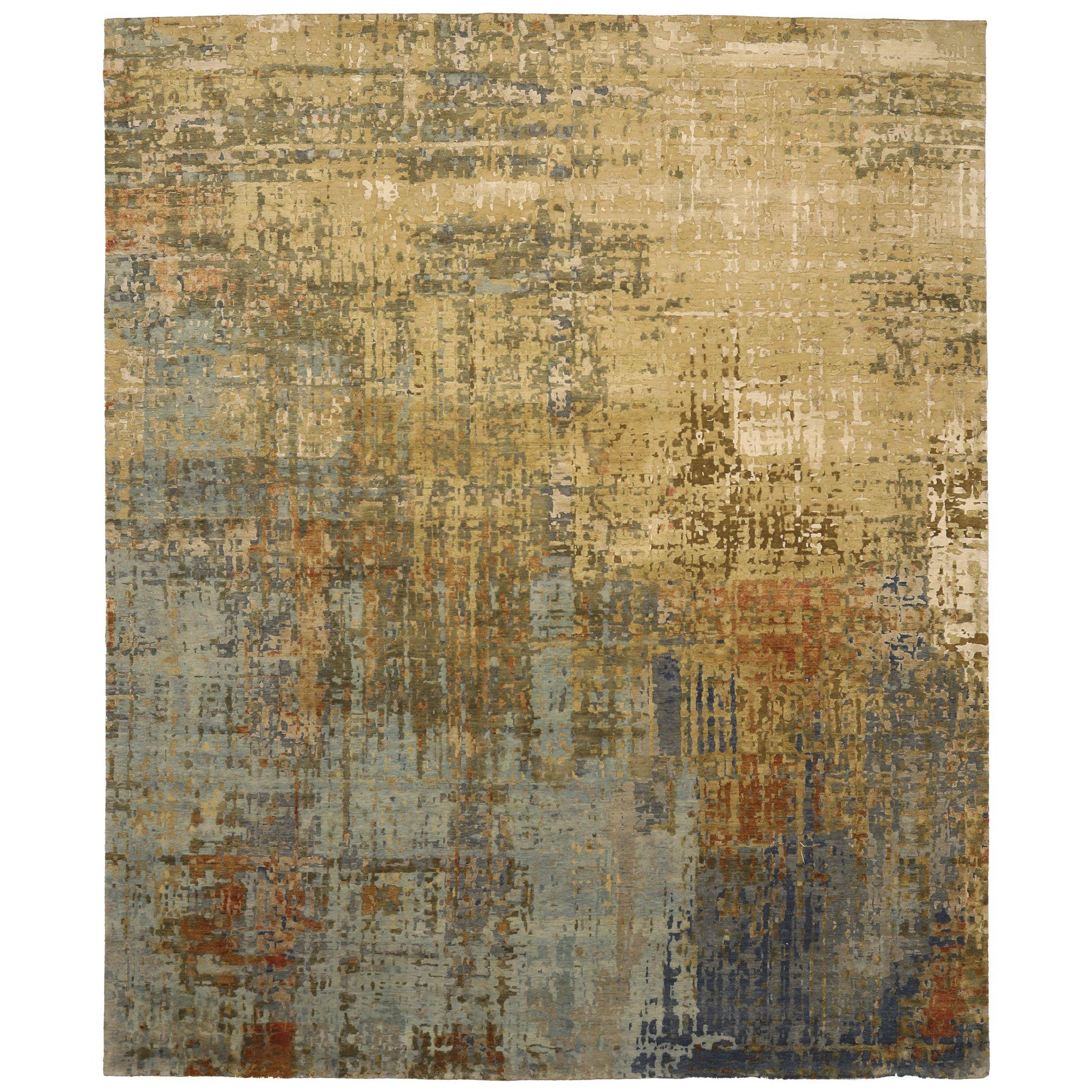 Tapis Inde surdimensionné en laine gris vert ivoire jaune - 93750